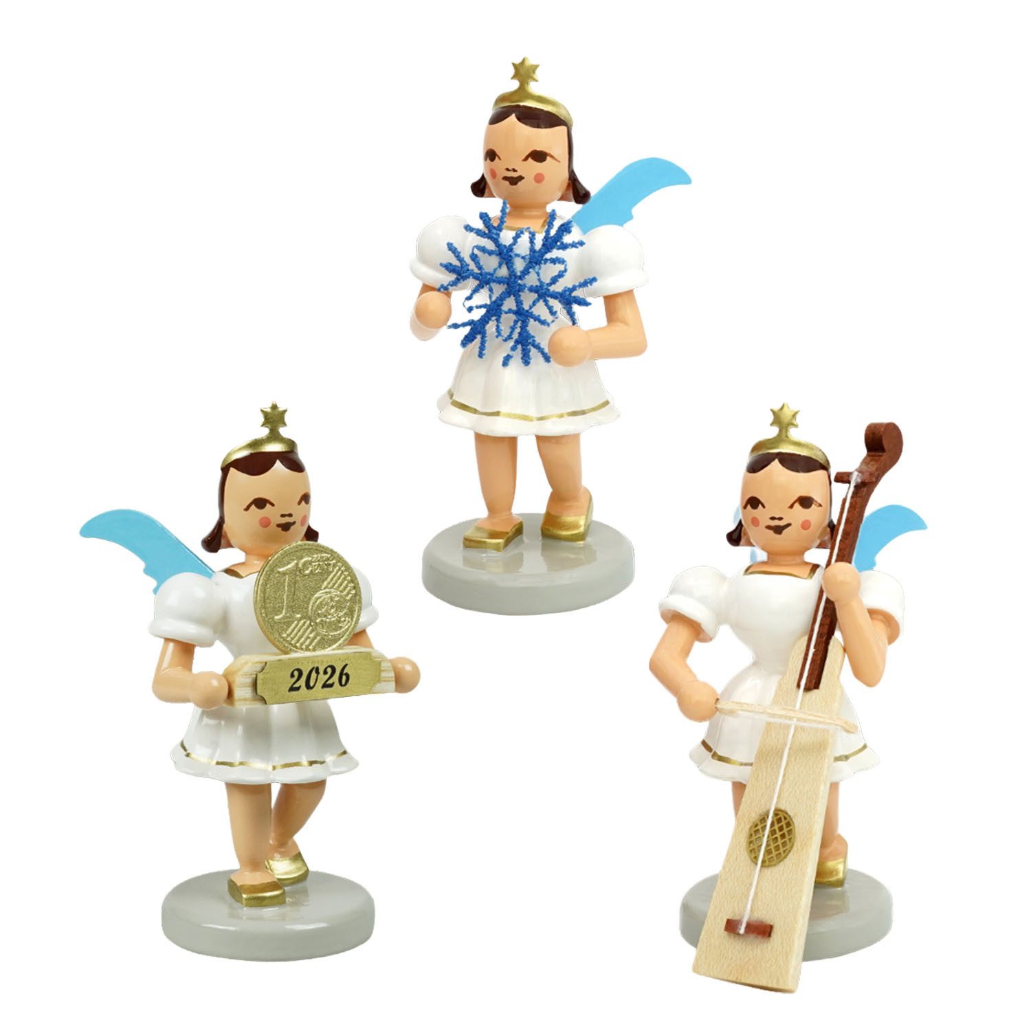 Blank Kunstgewerbe Engelfigur SET Engel Kurzrock farbig Neuheiten 2026, 3-teilig (Spar-Set, 3 St., Trumscheit & Glückscent & Schneeflocke), Original Erzgebirge