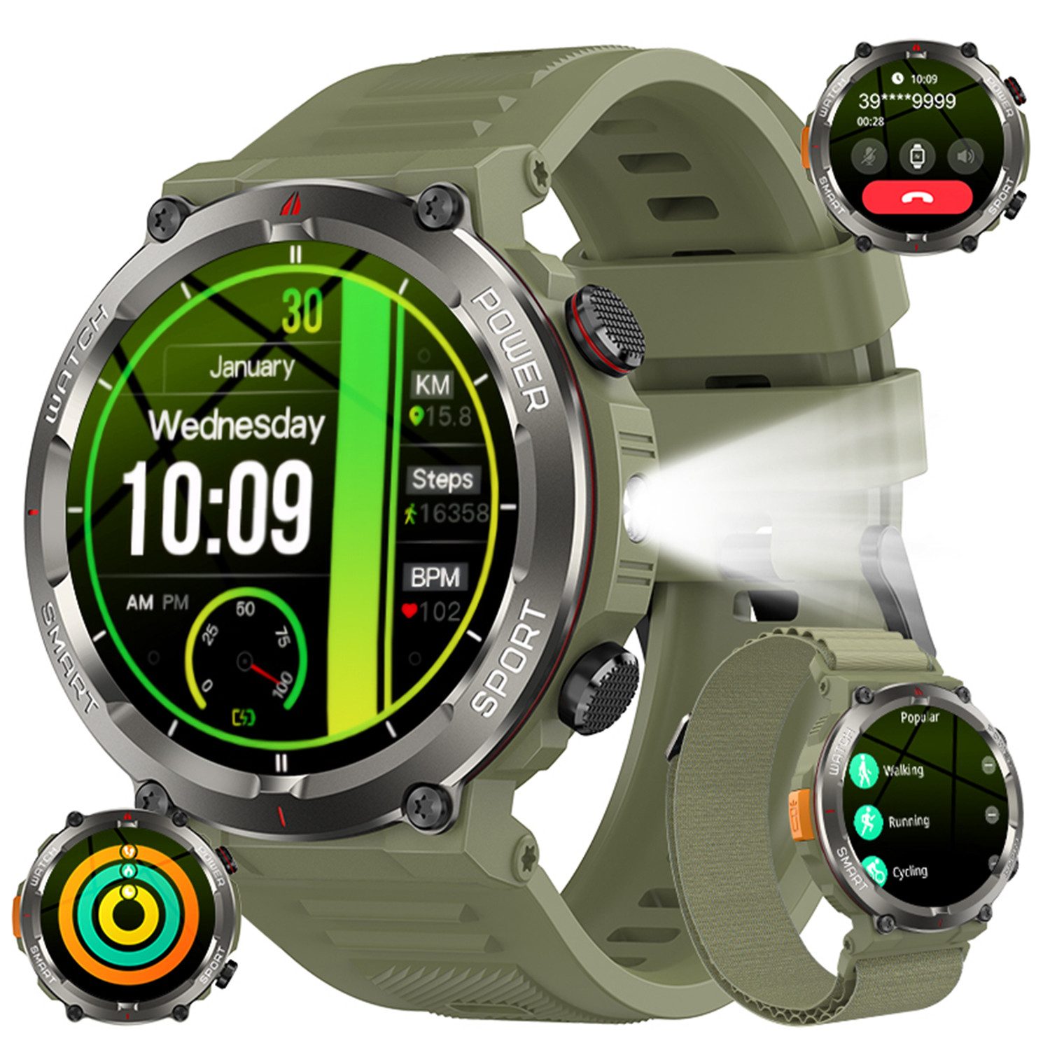 blackview Militärische Smartwatch für Herren mit Telefonfunktion, 960 mAh Akku Smartwatch (1.45 Zoll, iOS/Android), 1× Silikonarmband 1× Geflochtenes Armband 1× Magnetisches Ladekabel, 30 Tage Akku, LED-Taschenlampe, Kompass, SOS,150+ Sportmodi,IP68