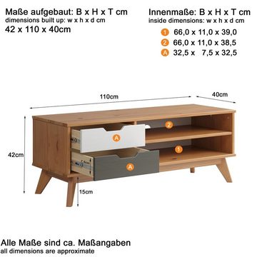 möbelando TV-Board Sandvika, TV-Lowboard im skandinavischen Design aus Kiefer Massivholz in Honigfarben lackiert, Absetzungen in Weiß und Grau mit 2 Schubkästen und 2 offenen Fächern. Breite 110 cm, Höhe 42 cm, Tiefe 40 cm