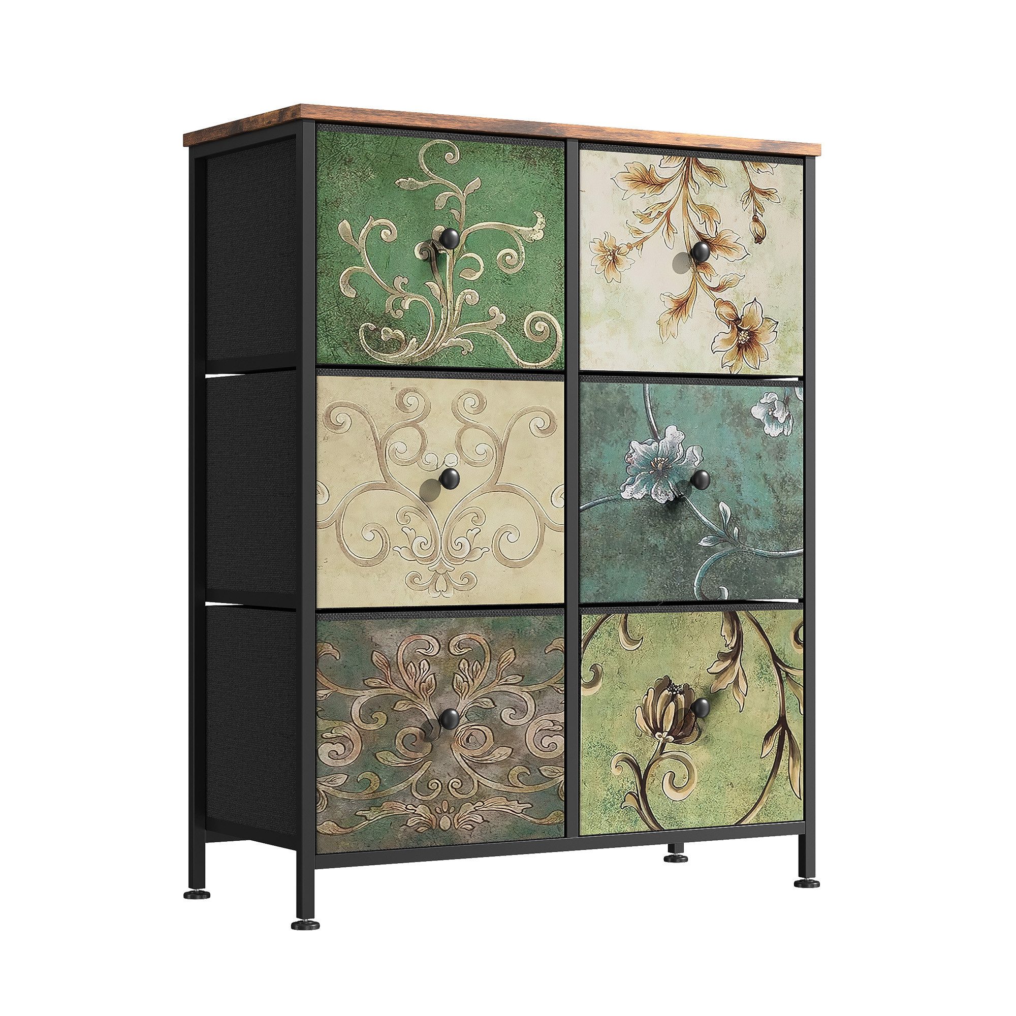 FUROKOY Kommode Vintage Stoffkommode Sideboard mit klappbaren Stoffschubladen (Mehrzweckschrank Aufbewahrungsschrank Holzoptik, Retro-schubladenschrank für Arbeitszimmer Flur Wohnzimmer Schlafzimmer), 6 Stoffschubladen