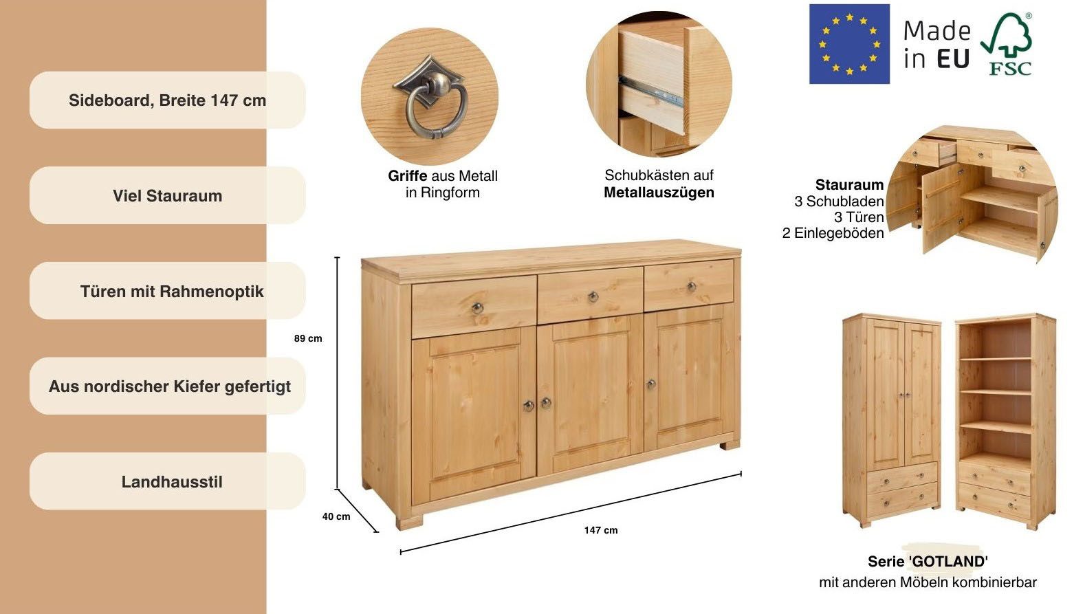 Home affaire Sideboard Gotland, Kommode, Breite 147 cm, aus massiver Kiefer, FSC®