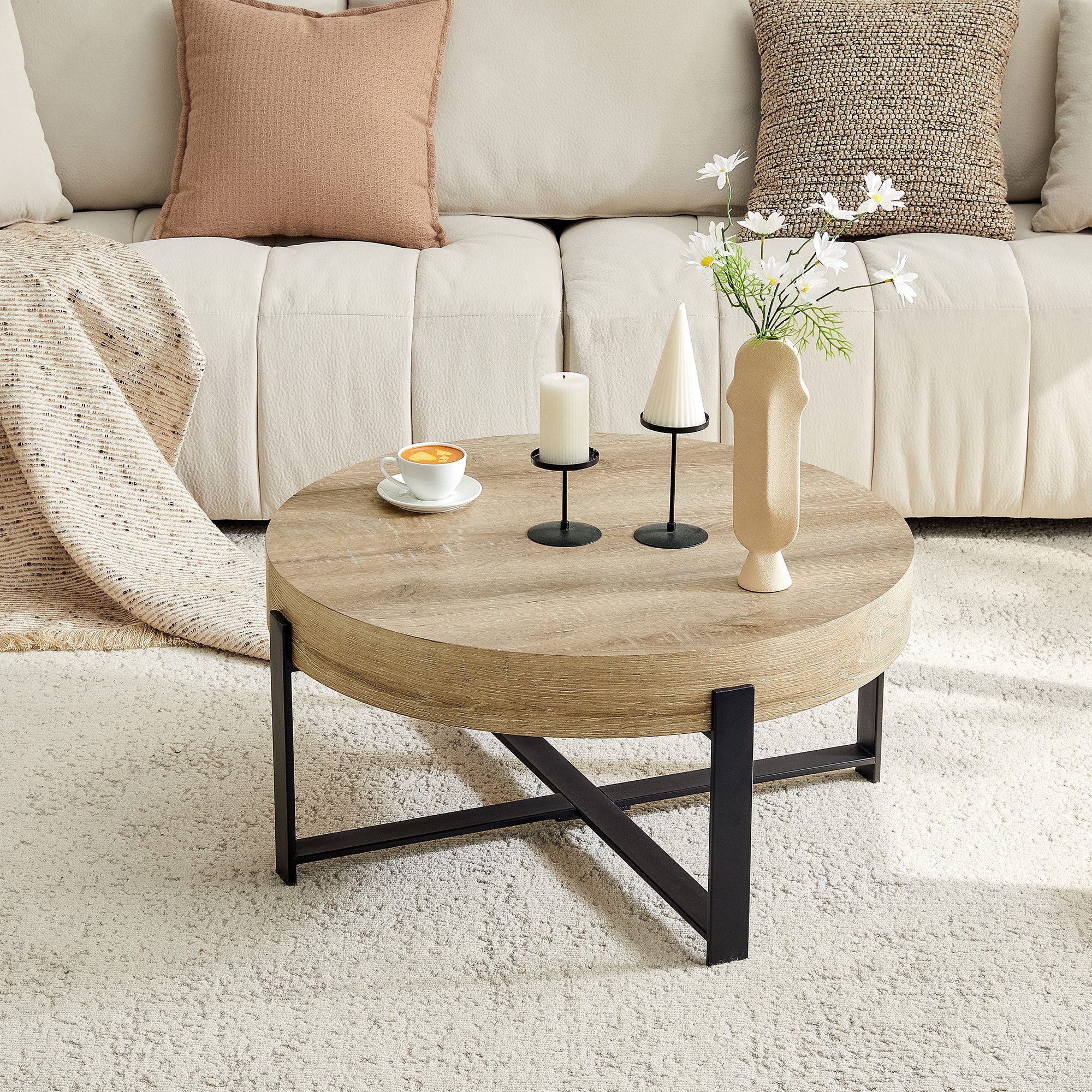 gopop Couchtisch Runder Beistelltisch Retro-Industrie-Stil, Ø 68 cm (1-St), mit MDF-Platte & Metallkreuzgestell