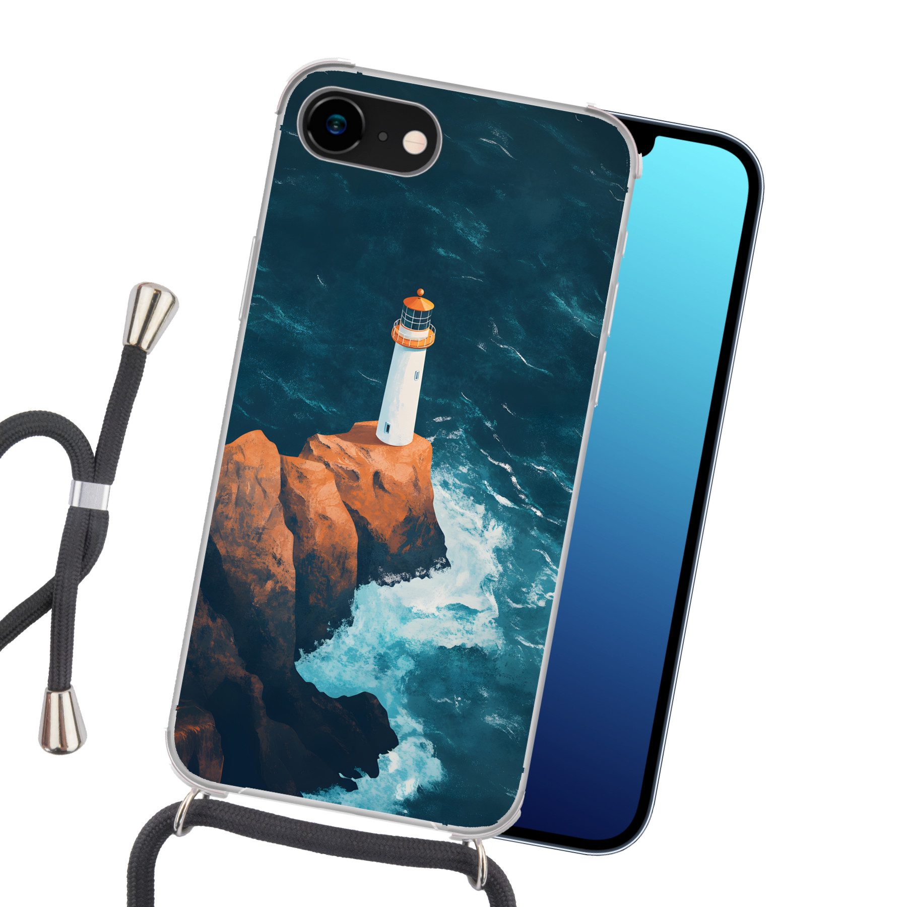 MuchoWow Handyhülle für Apple iPhone 8 Leuchtturm - Felsen - Meer - Wellen, Tragbare Handyhüllen mit Kette zum umhängen, Handykette Handyband