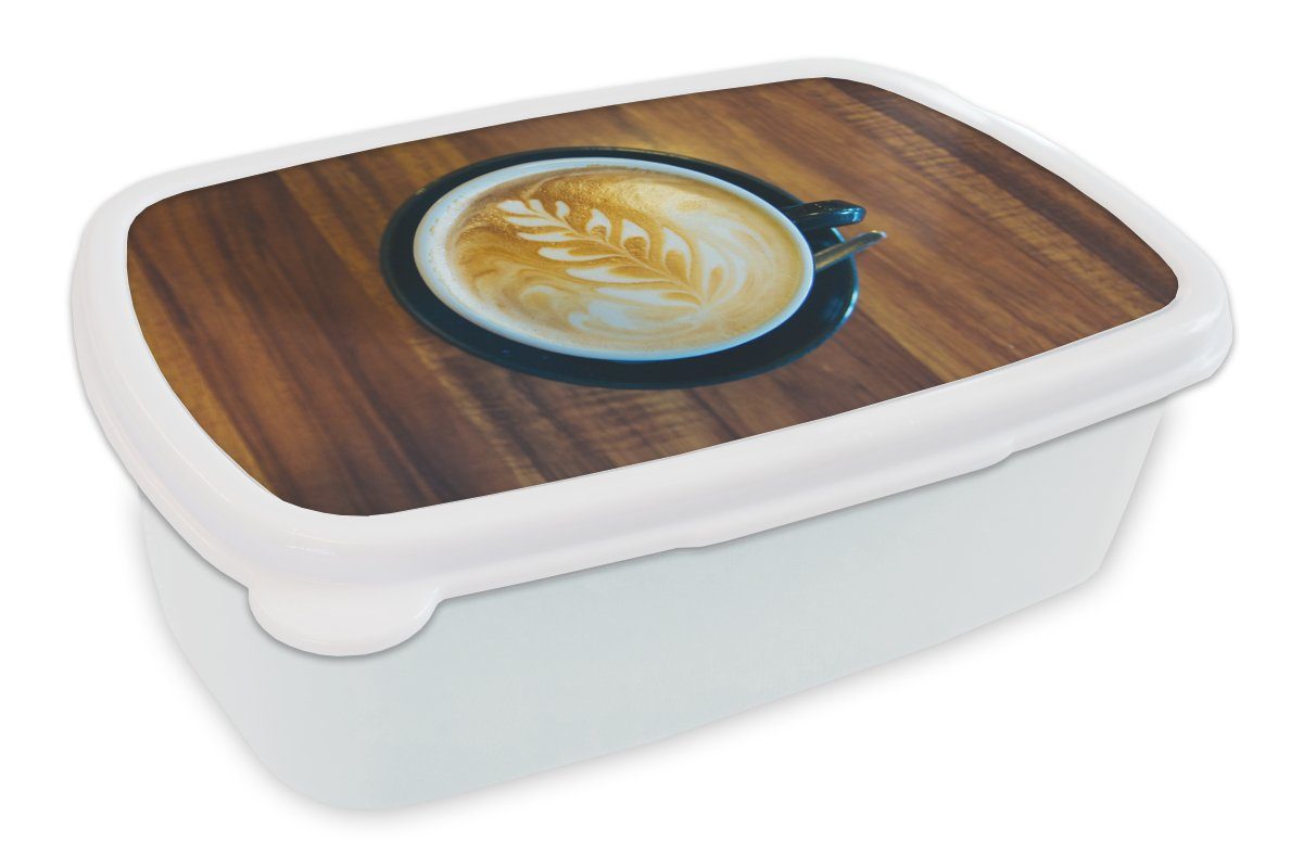 MuchoWow Lunchbox Kaffee - Tisch - Holz, Kunststoff, (2-tlg), Brotbox für Kinder und Erwachsene, Brotdose, für Jungs und Mädchen weiß