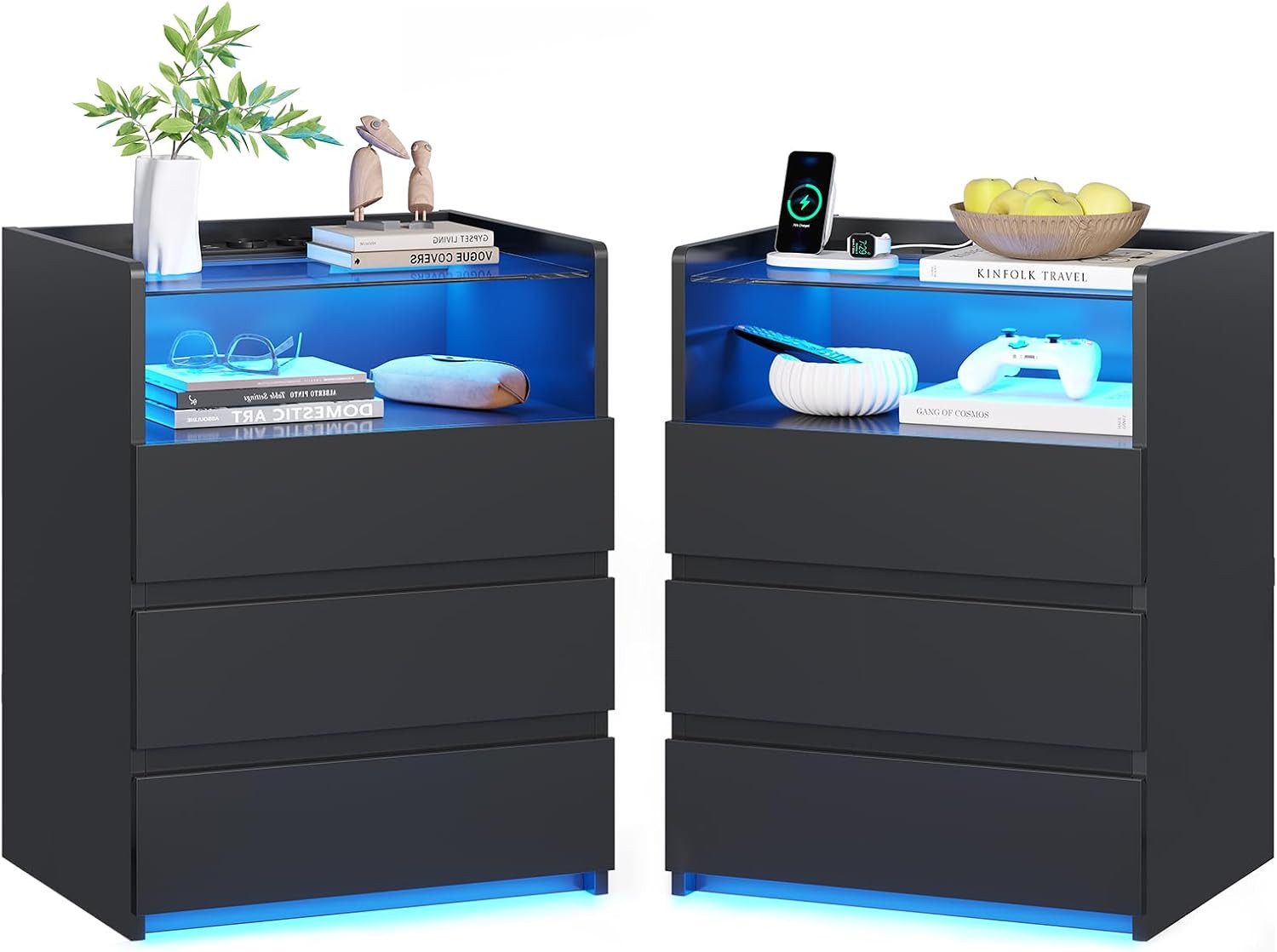 MSMASK Nachttisch mit LED-Beleuchtung und Steckdosen, 3 Schubladen, 45x35x6 günstig online kaufen