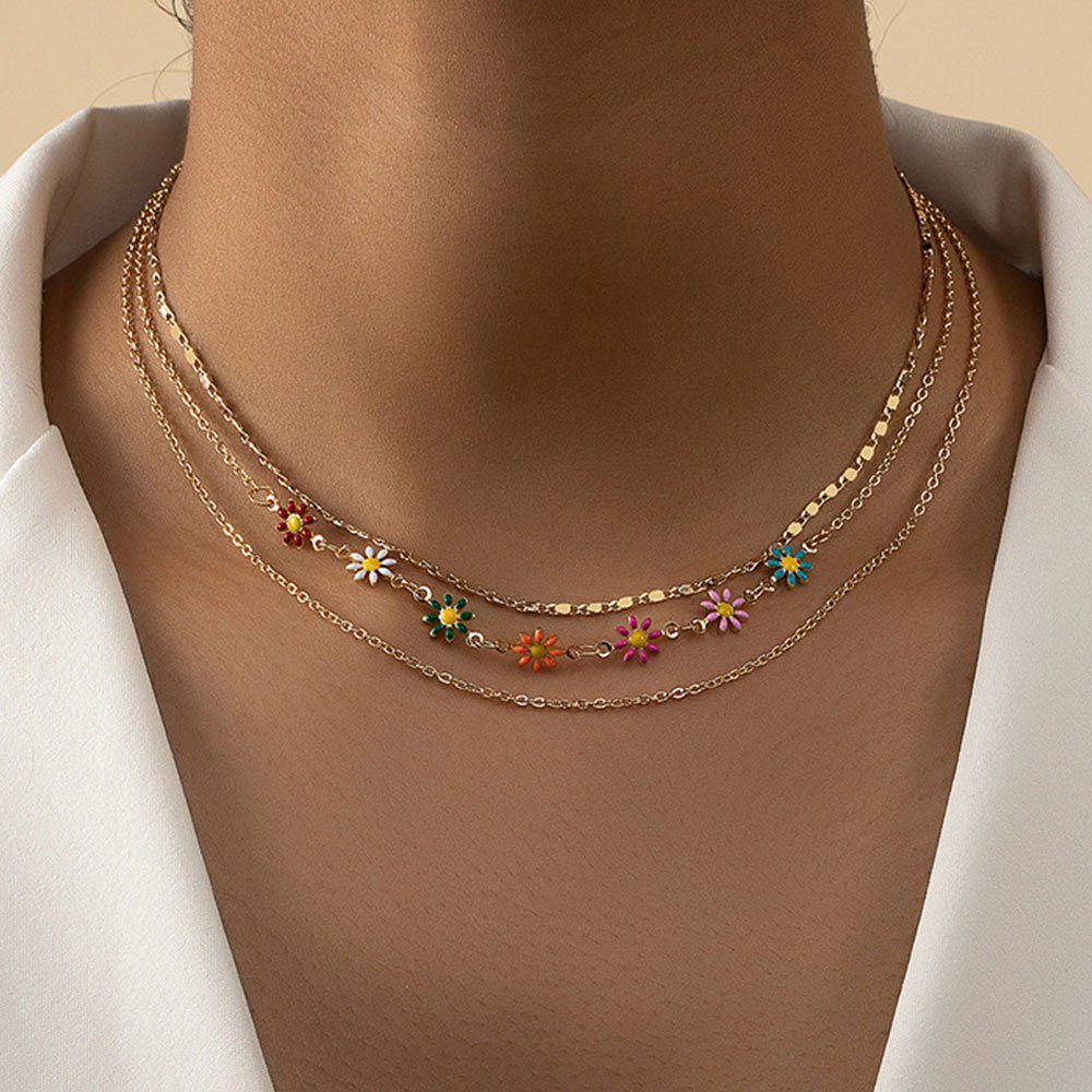 LAKKEC Charm-Kette Damenschmuck Halsketten Bunte Strasssteinen mit hübsche Blumenkette