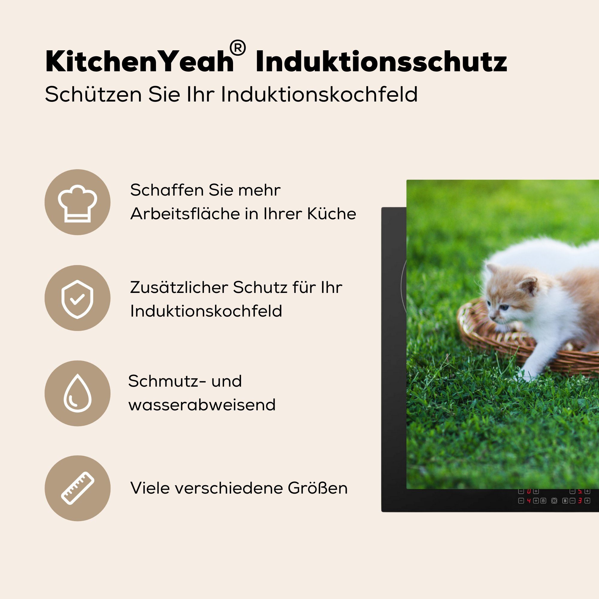 MuchoWow tlg), Katze Mädchen - 81x52 Kinder Vinyl, Schutz Induktionskochfeld (1 Jungen die Korb - - Ceranfeldabdeckung küche, - für Kätzchen - cm, Kinder, Herdblende-/Abdeckplatte -