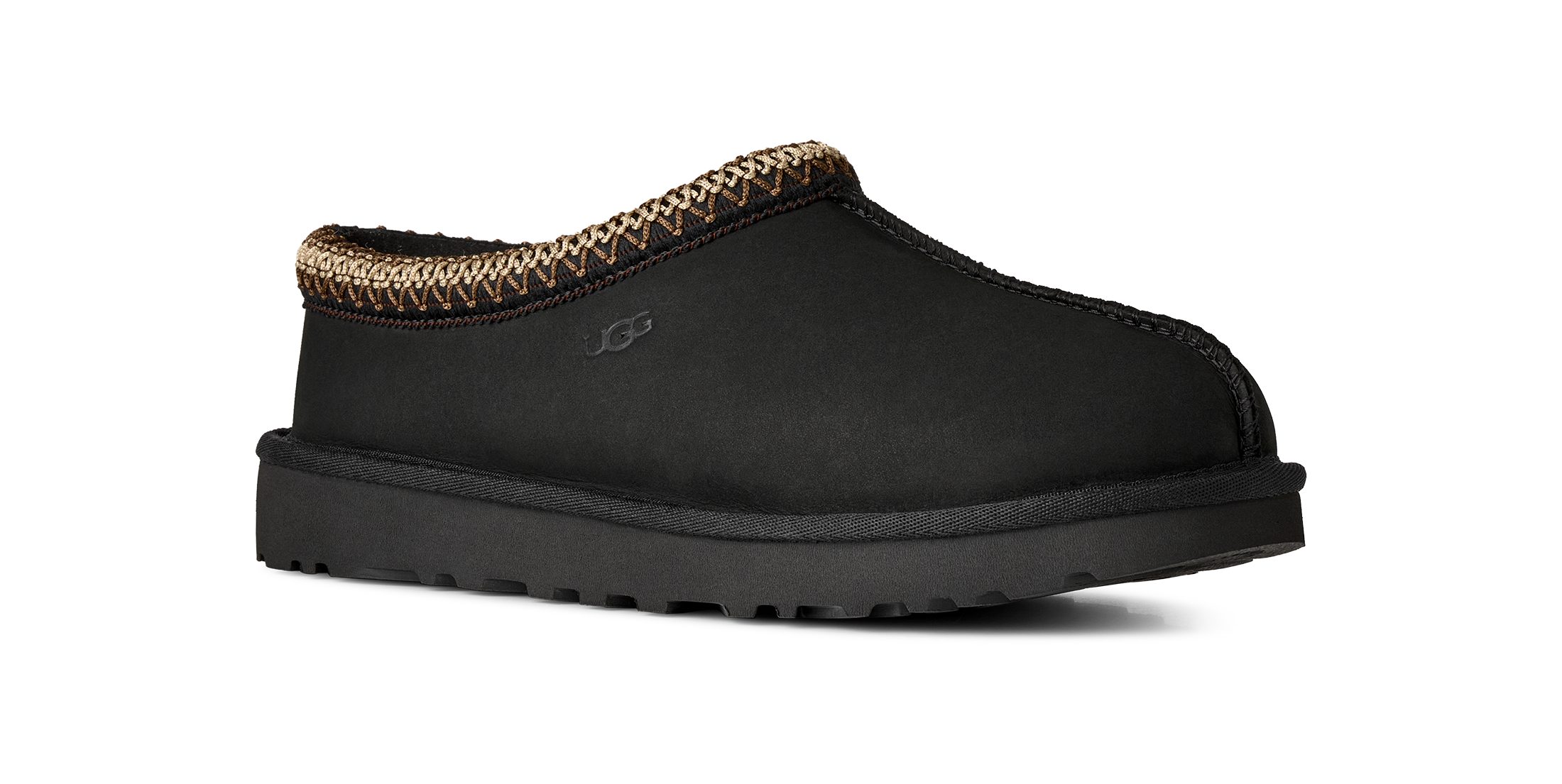 UGG W TASMAN NUBUCK Pantoffel Slipper, Schlupfschuh mit Textilborde im Ethno-Style