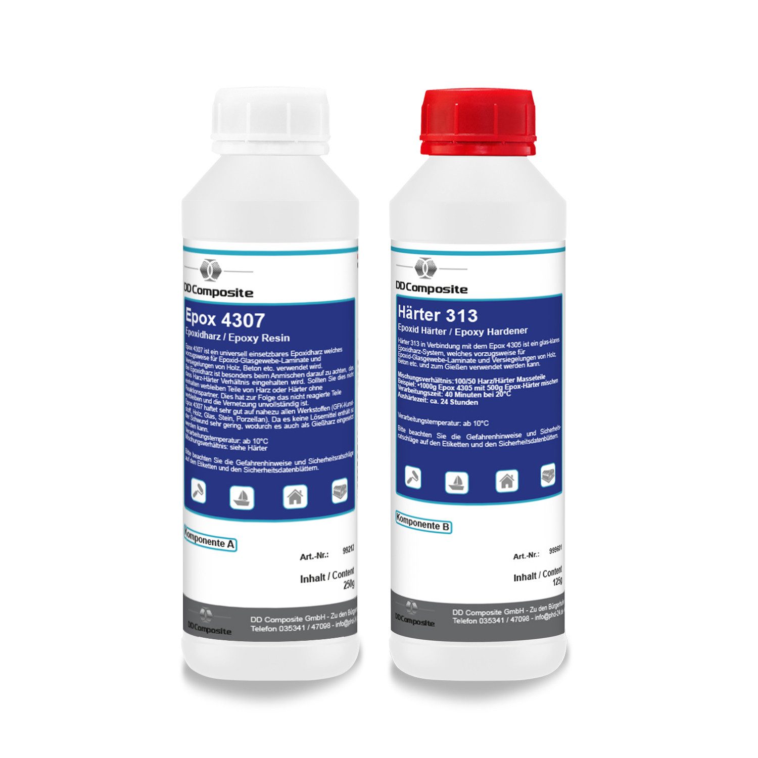 DD Composite Epoxidharz 250g Epox 4307 + 125g Härter 313 (Topcoat, 2-St., Harz und Härter), transparent, Lösemittel- und füllstofffrei