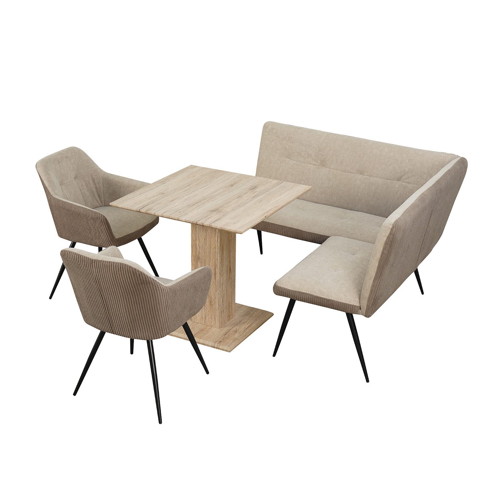 HTI-Living Eckbankgruppe Sitzgruppe Taupe/Cord Joschka, (Set, 4-tlg., 1 Esstisch, 1 Eckbank, 2 Stühle), Esstisch Eckbank und Esszimmerstühle in Cord