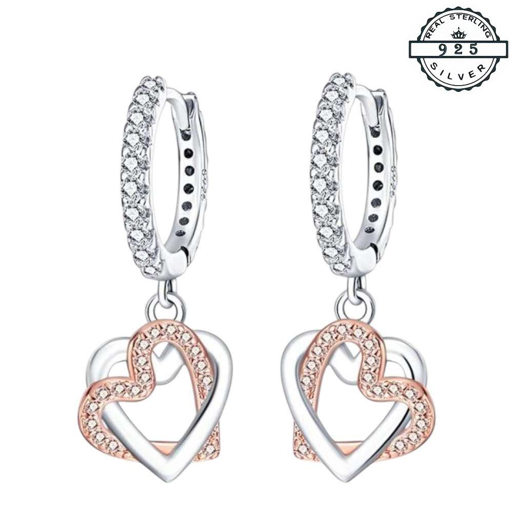 Taffstyle Paar Creolen Herz Creolen 925 Silber Damen Kristall Ohrringe mit Herzen Rosegold (Elegante Creolen mit Doppelherz Anhänger in Silber & Roségold – funkelnd und stilvoll)