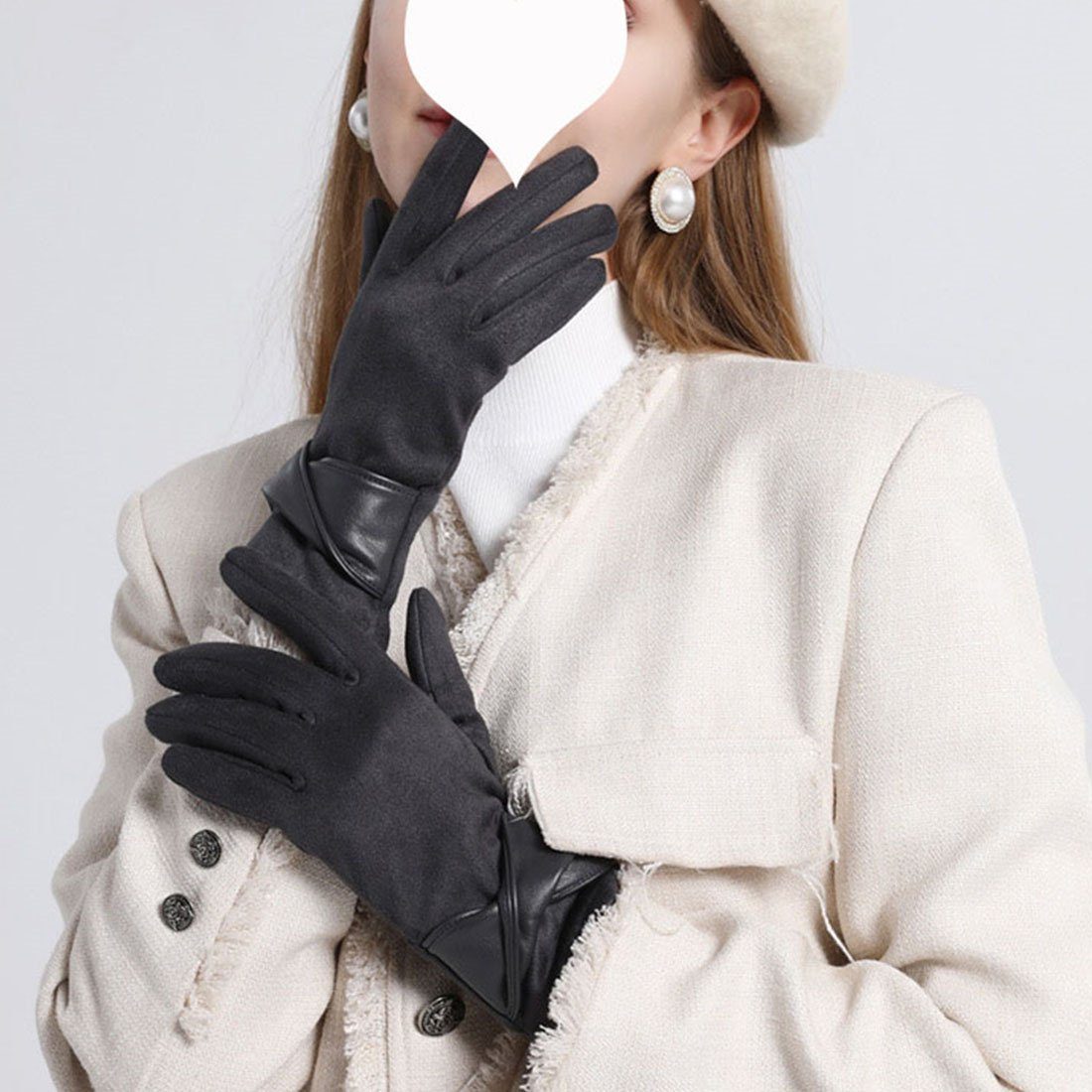 DÖRÖY Fleecehandschuhe Gepolsterte warme Damenhandschuhe, Handschuhe mit berührbarer Schleife dunkelgrau