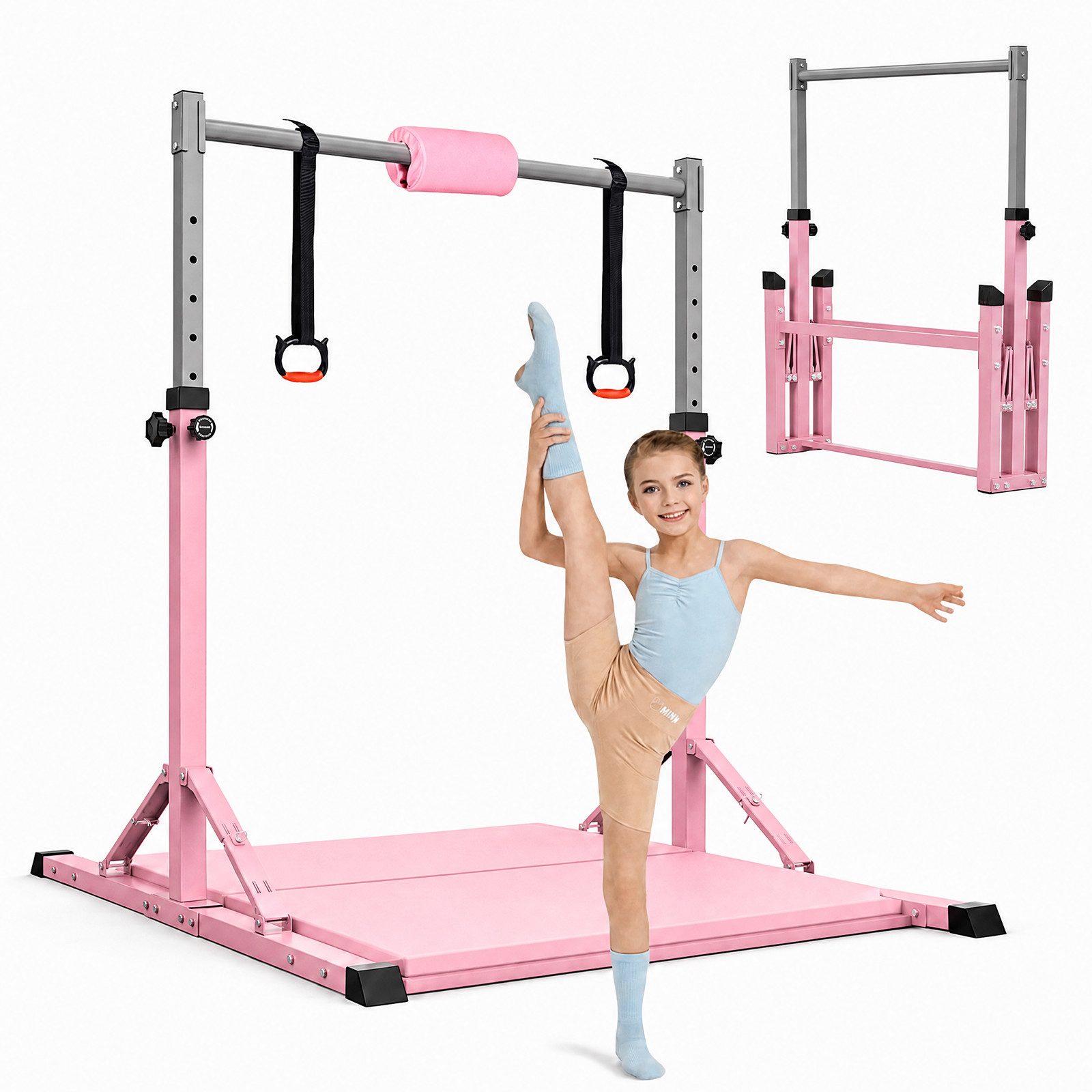 Hausright Turnreck Gymnastikstange Kinder mit Verstellbaren Höhen mit Gymnastikmatte, (Stabilität Turnstange, Reckstange, Matte, Polster & 2 Ringen), 10-Fach höhenverstellbar Indoor & Outdoor Faltbare Kinderturngerät