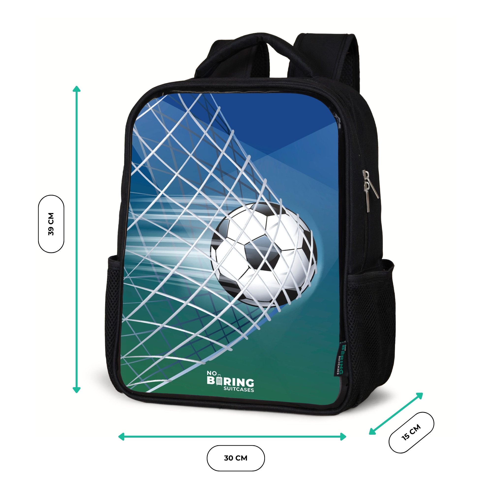 NoBoringSuitcases.com© Rucksack Schwarz - Ball im Tor, Kinderrucksack Schwarz, Schulrucksack, Freizeitrucksack Jungen Mädchen – Bild 5 von 5