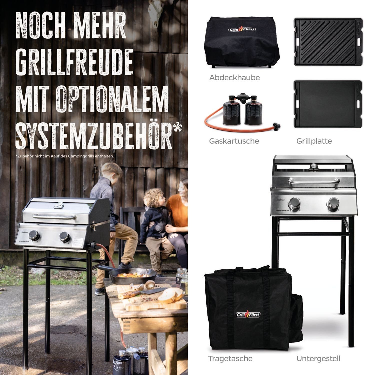 Grillfürst Camping-Gasgrill Grillfürst Gasgrill G201E v2 - / 50mbar portabel 2-Brenner Campinggrill Balkongrill