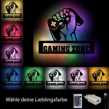 Namofactur LED Dekolicht Gaming Zone Faust - Gamer Licht Wanddeko mit RGB Farbwechsel, LED fest integriert, Farbwechsler, Wanddekoobjekt USB Wohnzimmer Leuchte mit Fernbedienung
