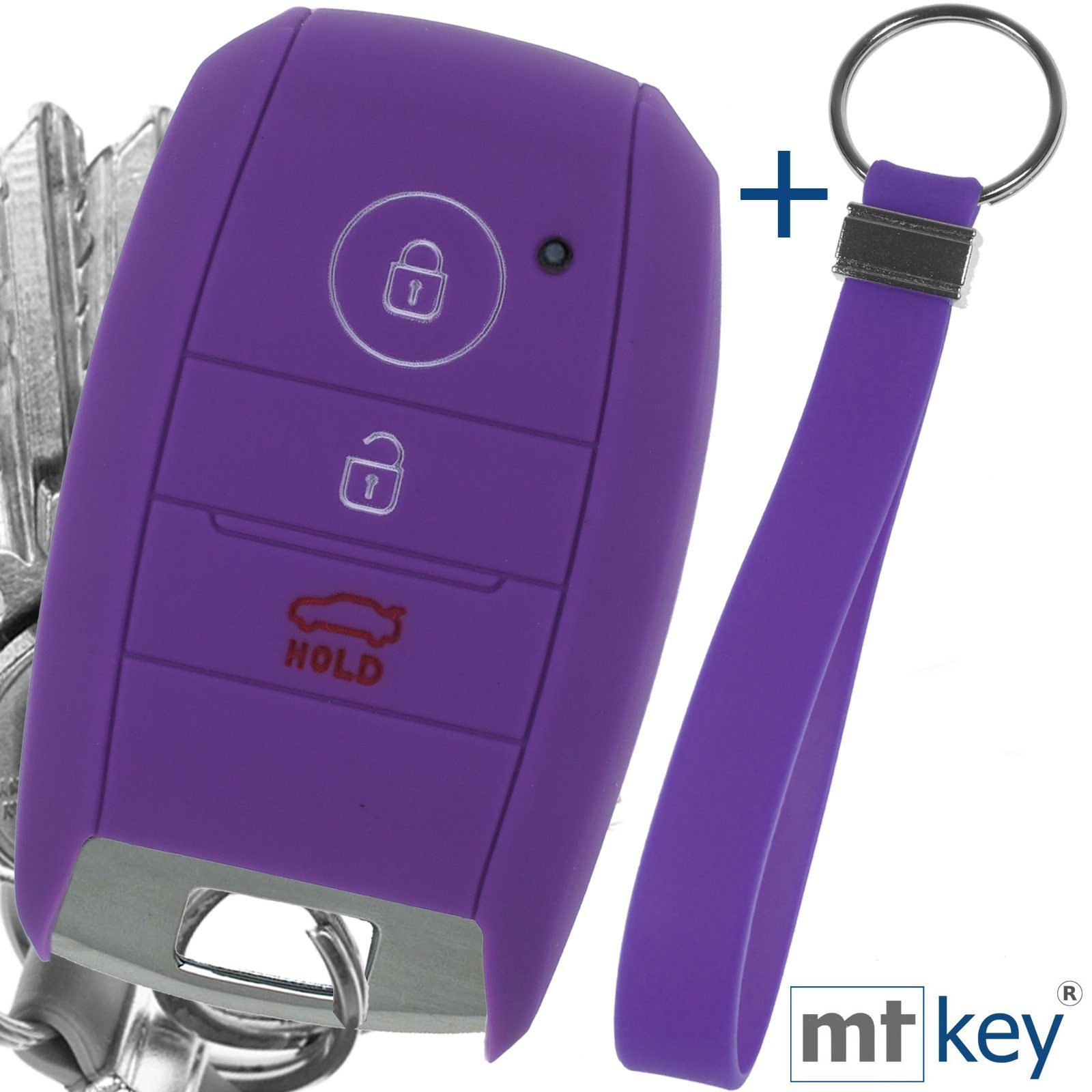mt-key Schlüsseltasche Autoschlüssel Softcase Silikon Schutzhülle Lila mit Schlüsselband, für KIA Picantio Rio Ceed Soul Sportage Stonic 3 Tasten KEYLESS