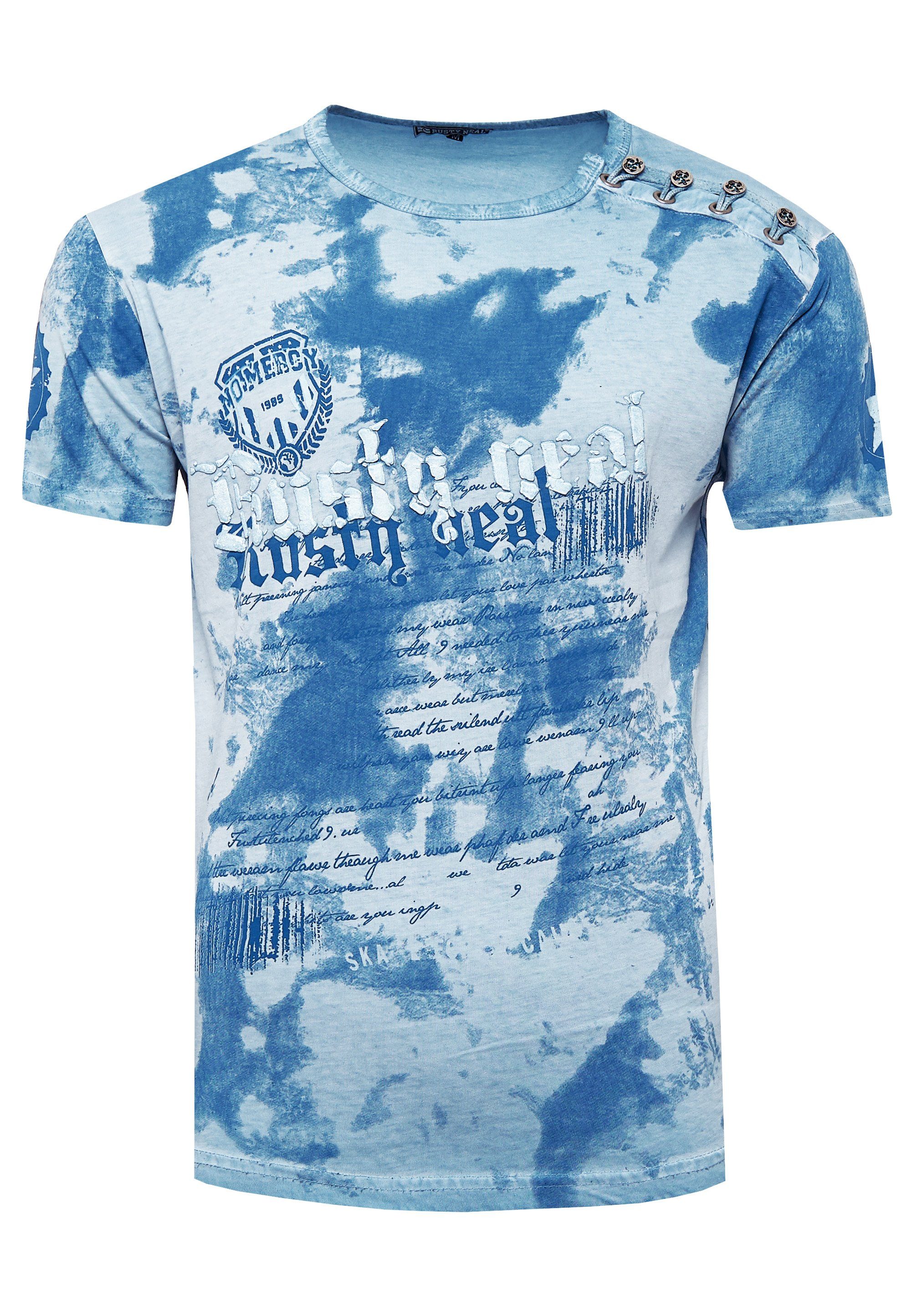 T-Shirt Neal Batik-Design tollem Rusty hellblau in