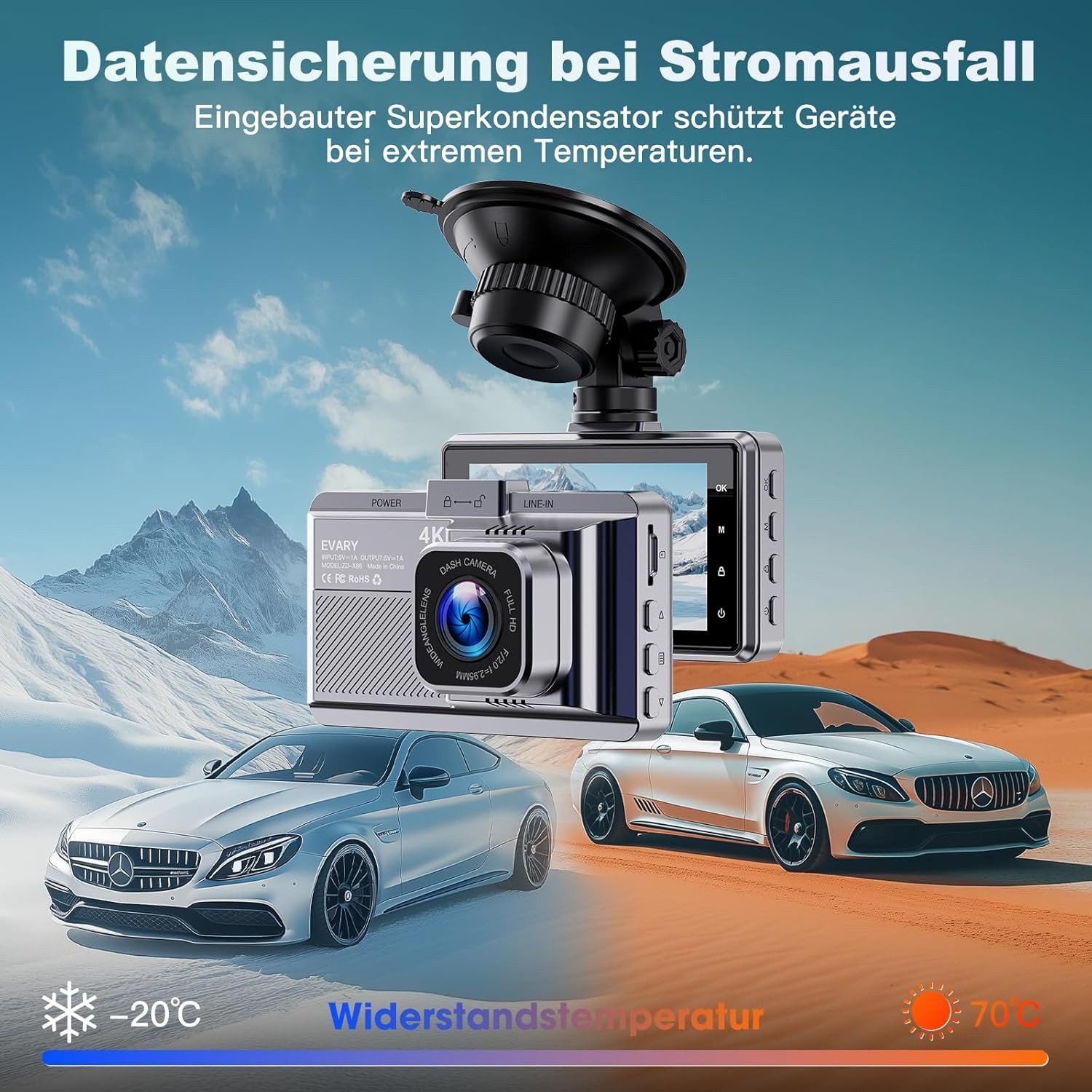 Evary Auto 4K vorne hinten mit GPS WLAN Rückfahrkamera App Dashcam (4K UHD, Wi-Fi 5 GHz, 1x Dashcam vorne, 1x Dashcam hinten, 64 GB SD-Karte inklusive, G-Sensor, GPS-Tracking, Wi-Fi 5 GHz, Front- und Heckkamera)