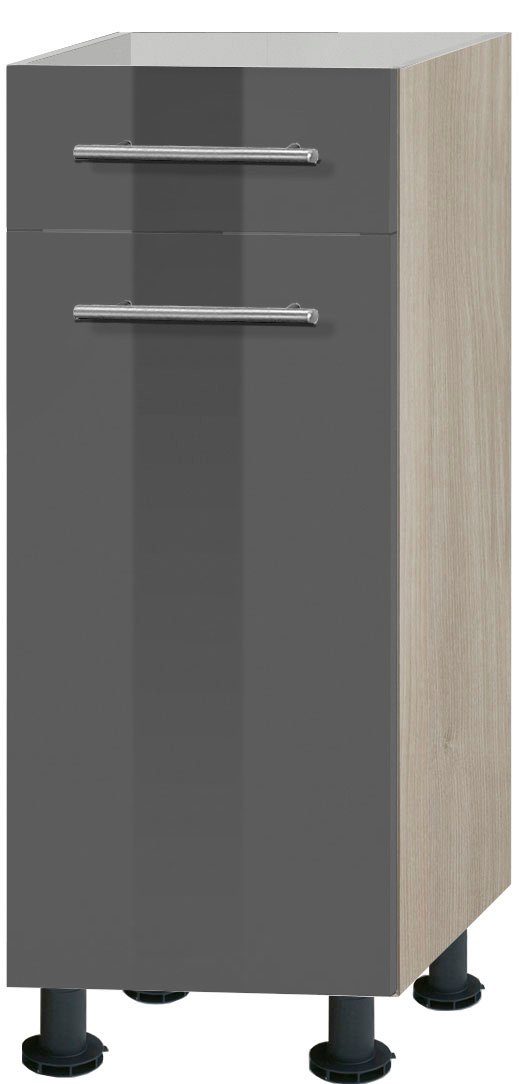 OPTIFIT Unterschrank Bern 30 cm breit, mit 1 Tür und Schubkasten, mit höhenverstellbaren Füßen grau Hochglanz/akaziefarben | akaziefarben