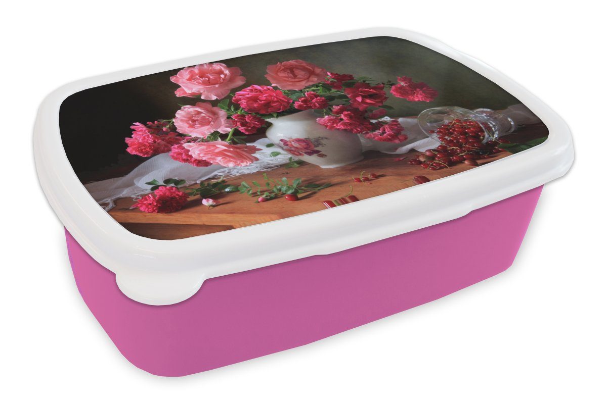 MuchoWow Lunchbox Rosen - Stilleben - Rosa, Kunststoff, (2-tlg), Brotbox für Erwachsene, Brotdose Kinder, Snackbox, Mädchen, Kunststoff
