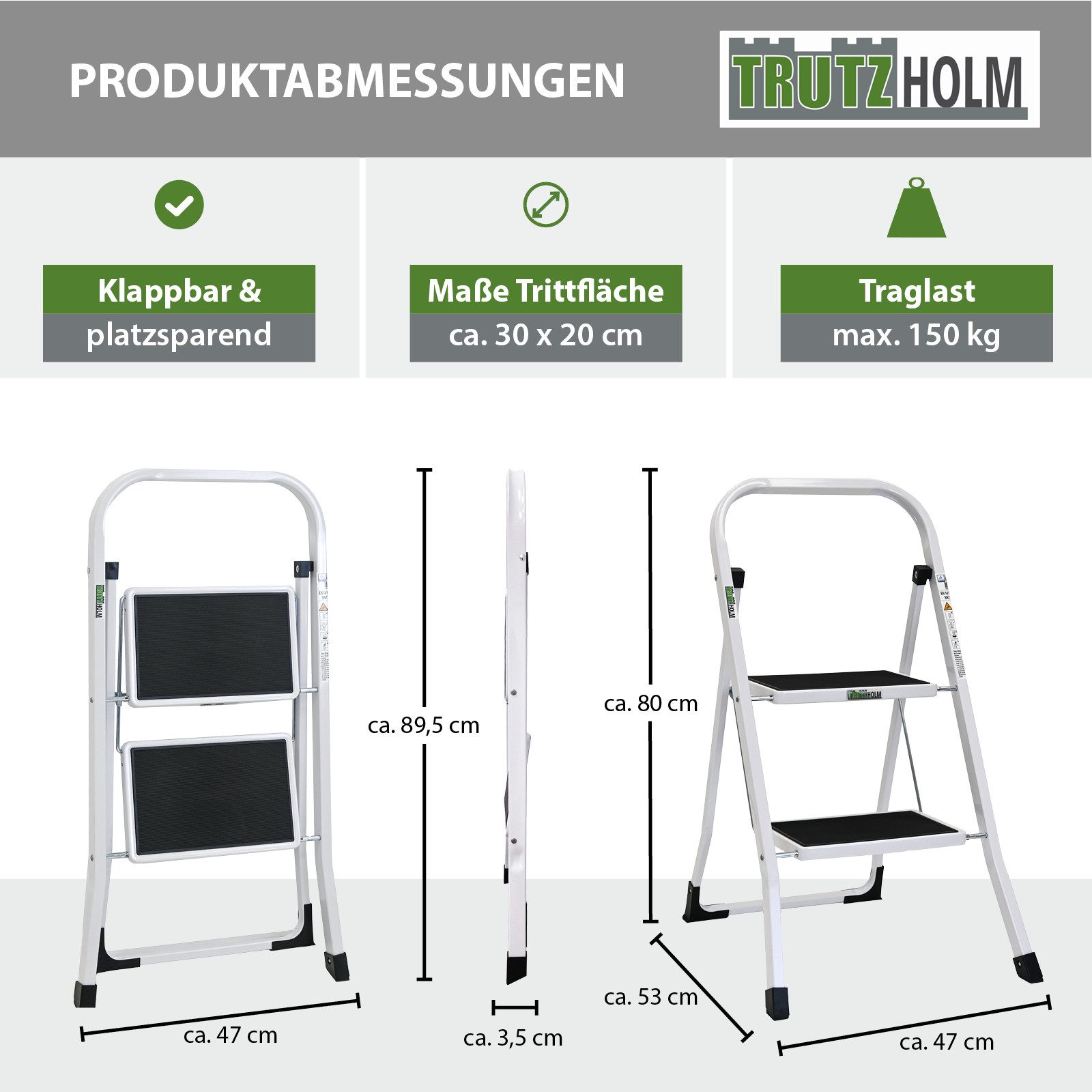 TRUTZHOLM Klapptritt Trittleiter 2 Stufen klappbar TÜV/GS 150 kg Anti-Rutsch Leiter in weiß – Bild 3 von 5