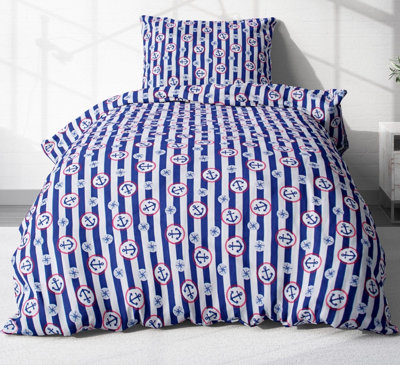 Heubergshop Bettwäsche, Renforcé, 2 teilig, 135x200cm + 80x80cm Anker mit Streifen in blau weiß und rot (KY-600/1)