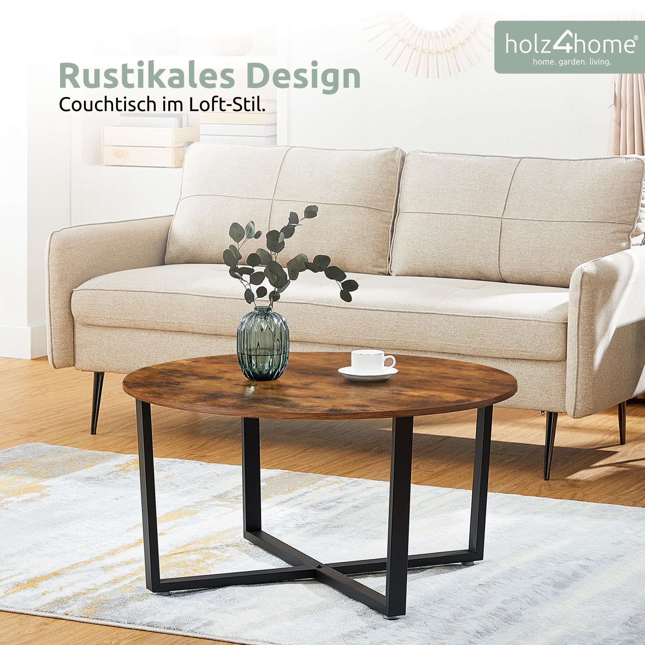 holz4home® Couchtisch Indie Wohnzimmertisch Rund mit Ablage 88x47 cm I Industrial-Look Braun, Einfache Montage