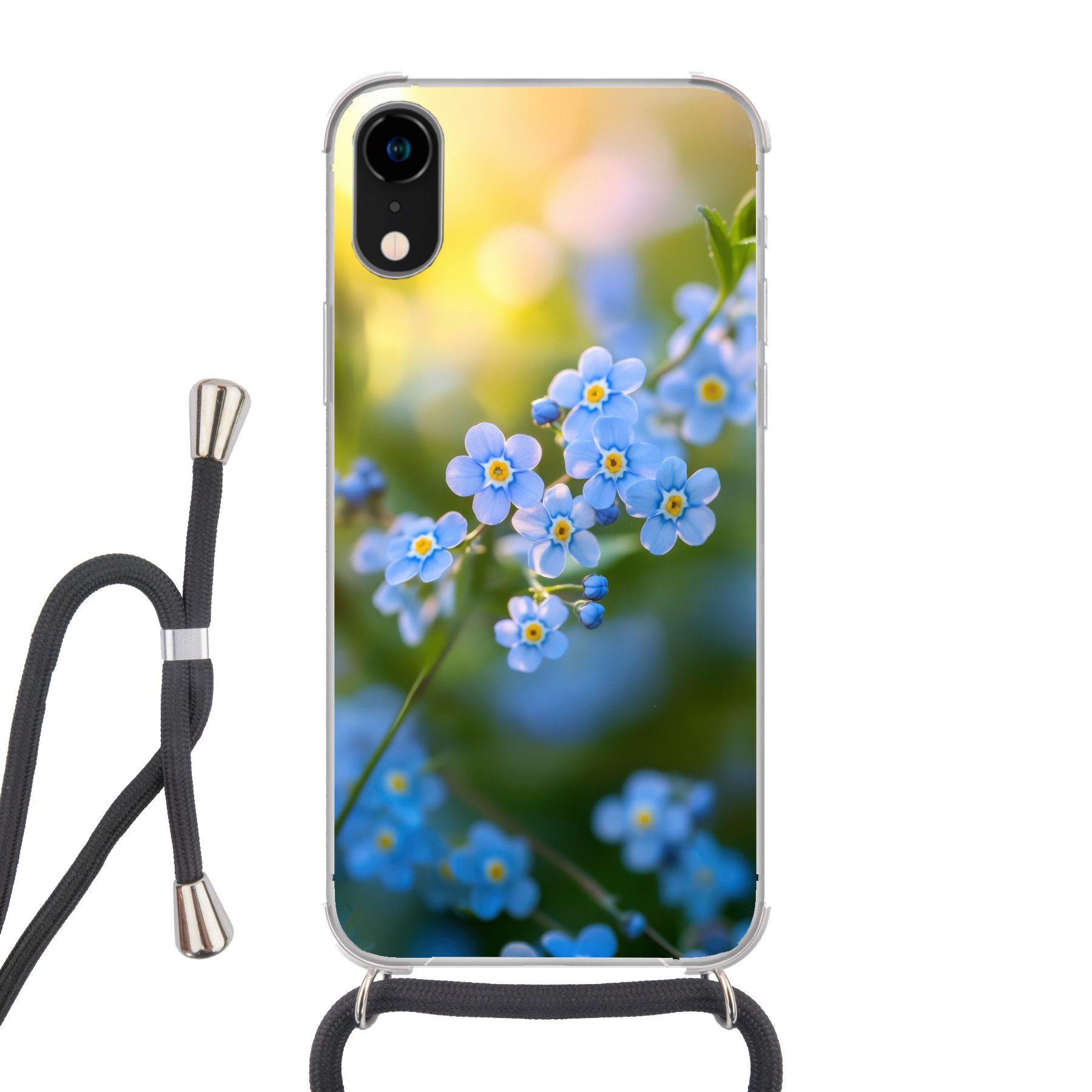 MuchoWow Handyhülle für Apple iPhone XR Blumen - Blau - Vergissmeinnicht, Tragbare Handyhüllen mit Kette zum umhängen, Handykette Handyband