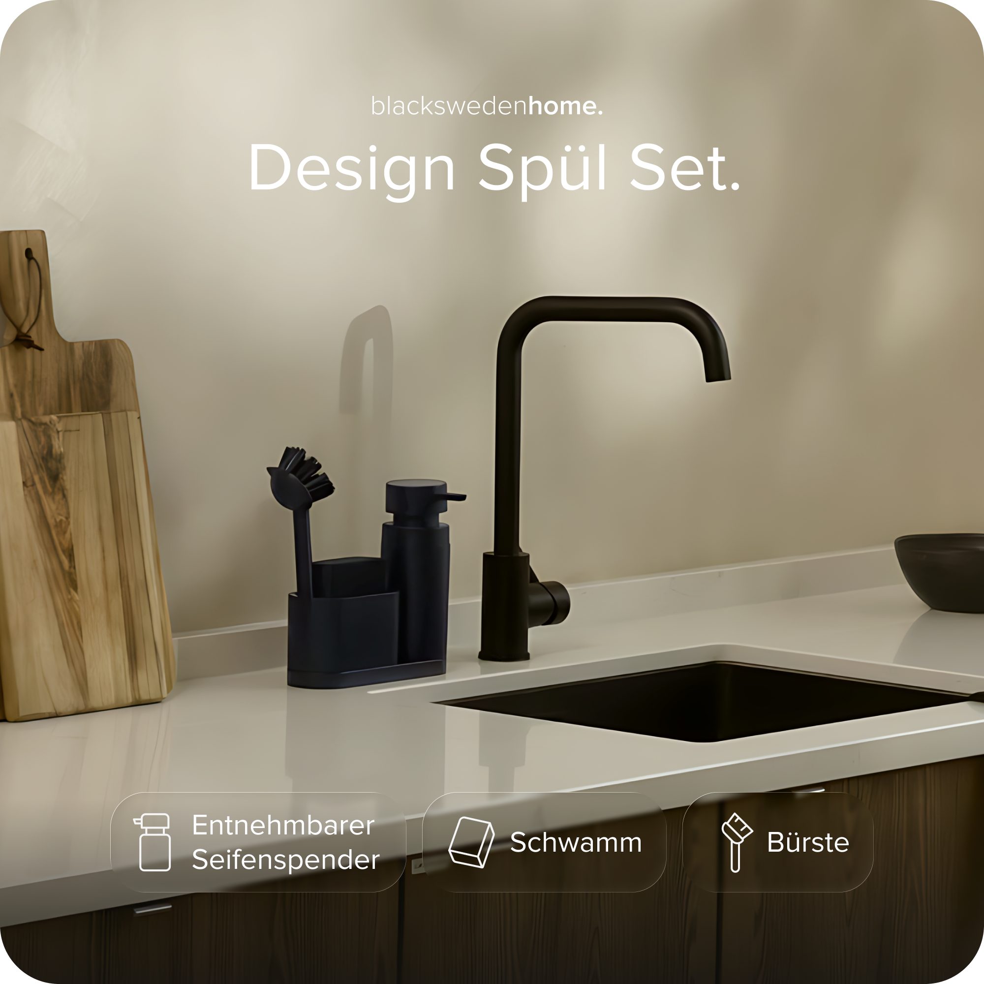 blackswedenhome. Küchenorganizer-Set Design Spülbecken Organizer mit entnehmbaren Spülmittelspender, (Spülbecken Organizer, Spülbürste, Schwamm), Kunststein, Matt schwarz, 3-teiliges Set