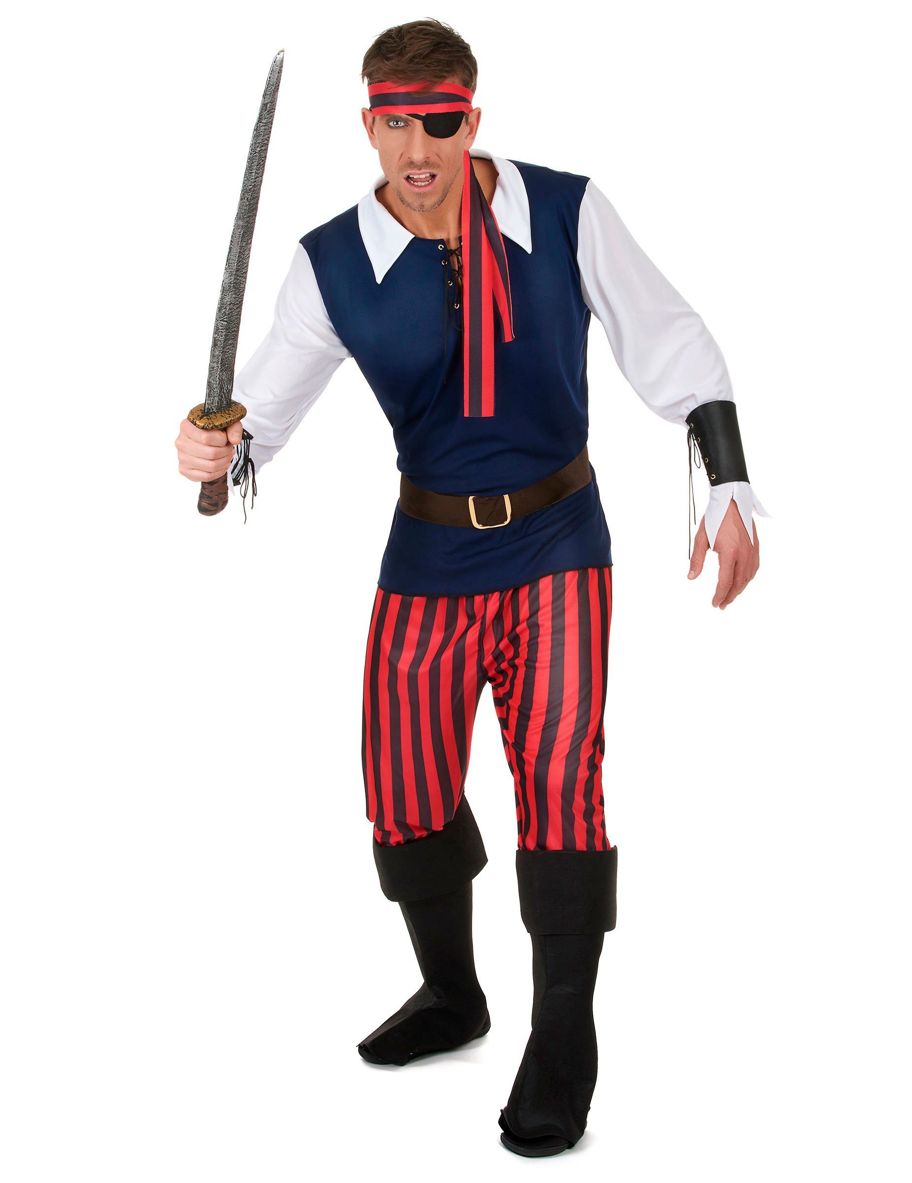 JADEO Piraten-Kostüm Klassisches Piraten-Herrenkostüm blau-schwarz-rot