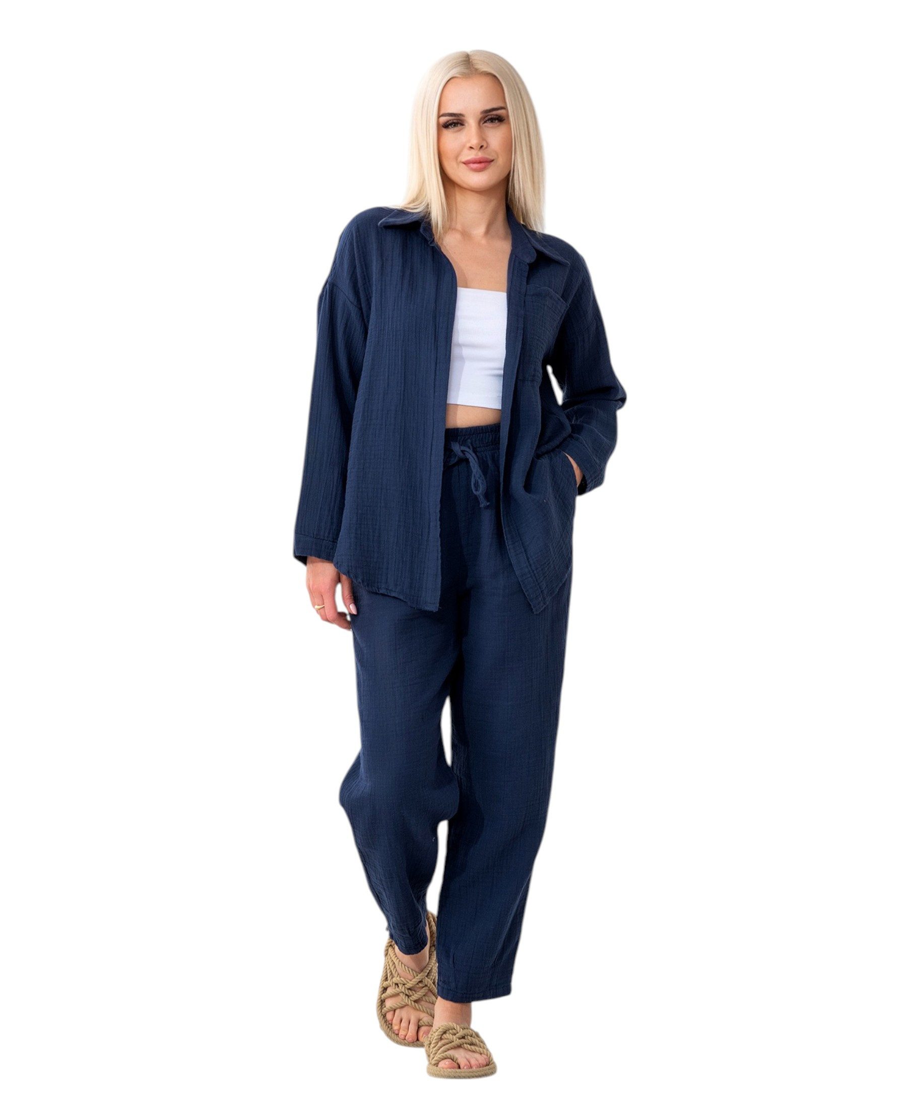 WENOR Hemdbluse Damen Musselin Oversize Bluse Langarm – Einheitsgröße 34-40