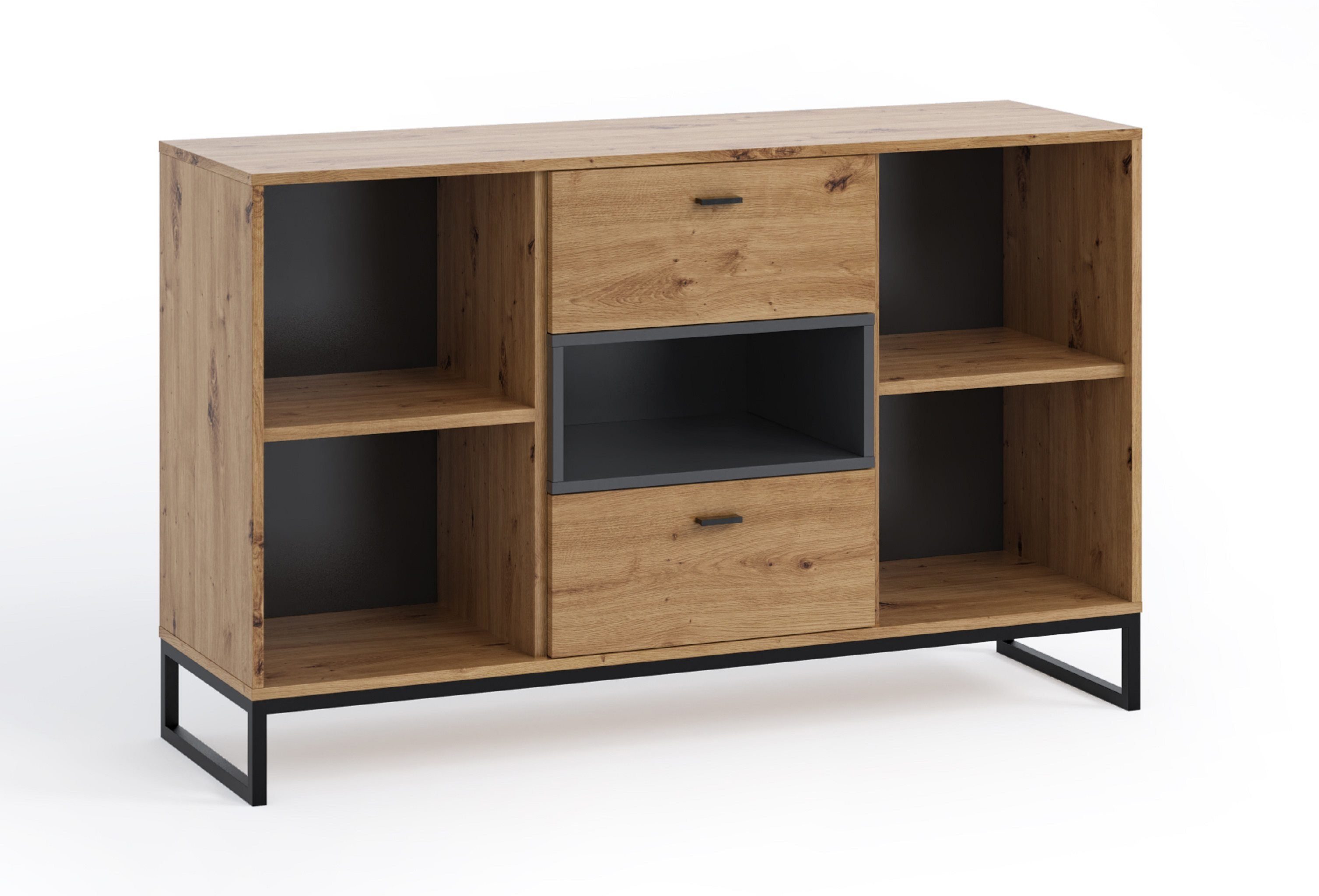 Furnix Hochkommode RELIO Scandi-Schrank mit 2 und Weiß/Artisan Drehtüren, B135 x Ablagen T40 x Schubladen cm H83,6 und