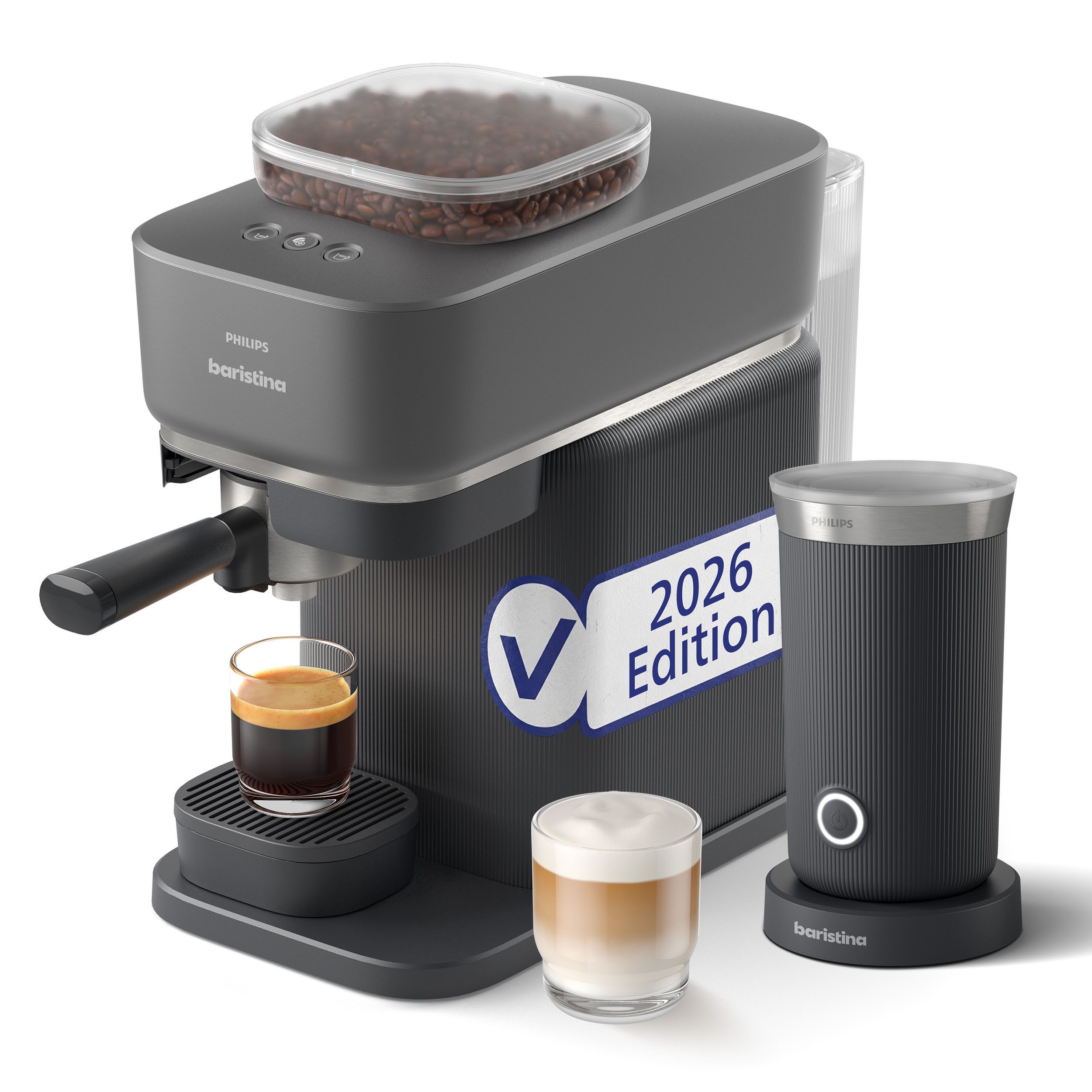 PHILIPS baristina Espressomaschine BAR308/60 mit Mahlwerk für ganze Bohnen, Milchaufschäumer inkl., 16 bar Pumpendruck, Schwarzgrau