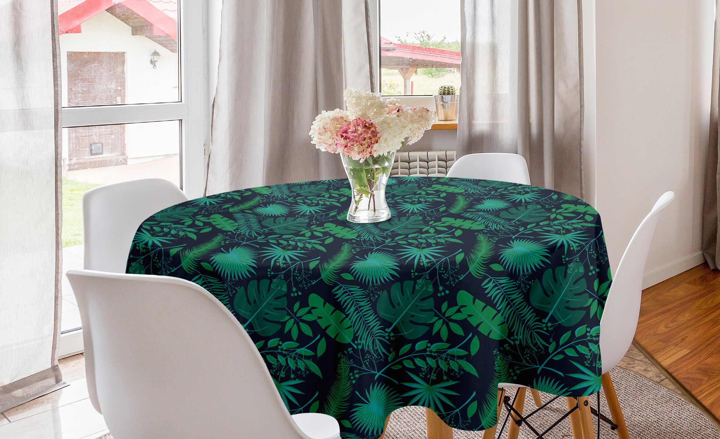Abakuhaus Tischdecke Kreis Tischdecke Abdeckung für Esszimmer Küche Dekoration, Tropisch Blätter Hibiscus Plumeria