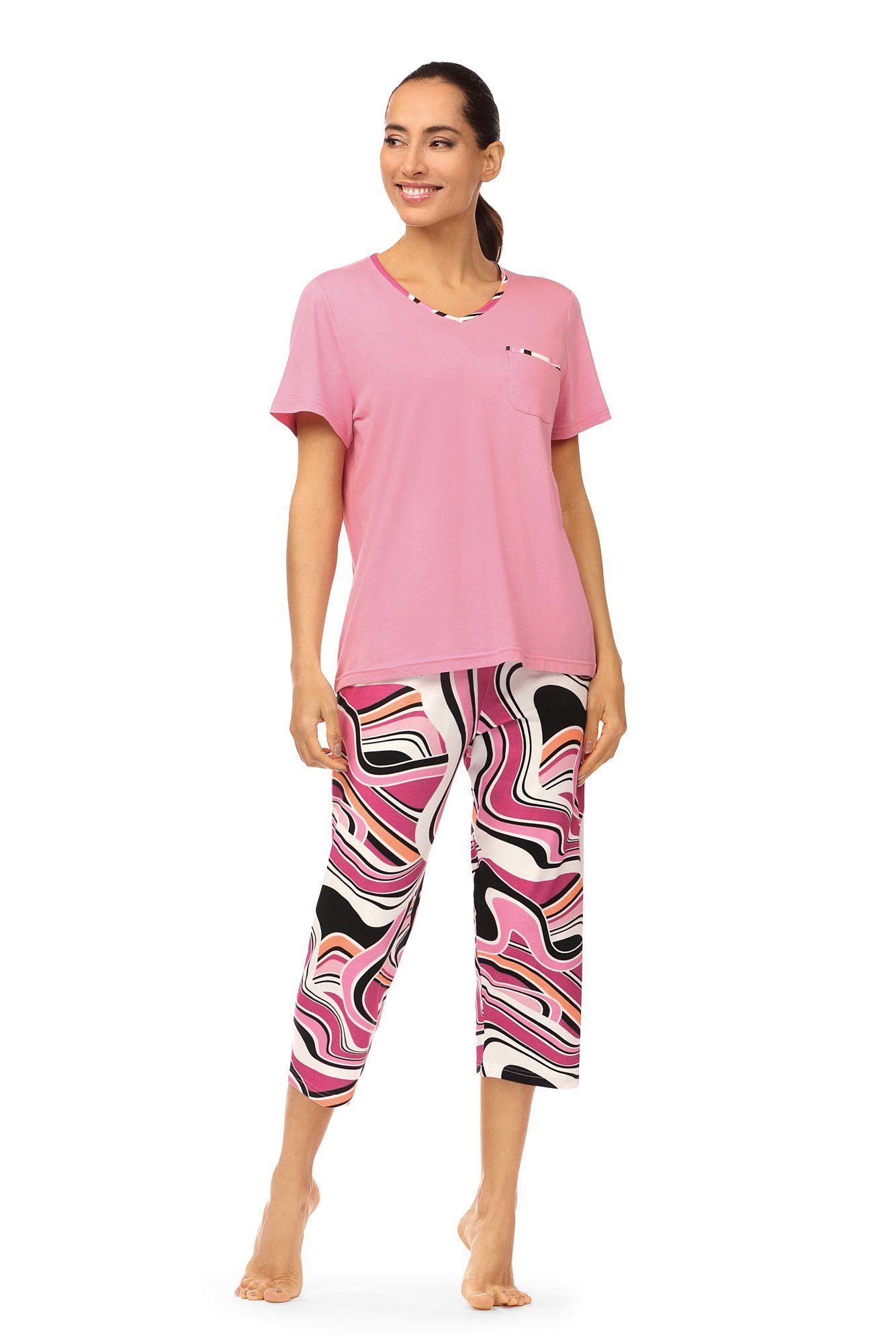 Ascafa Schlafanzug (Set, 2 tlg., Set) Damen Schlafanzug 2-teilig Pyjama  Caprihose Baumwolle Retromuster | Pyjama-Sets
