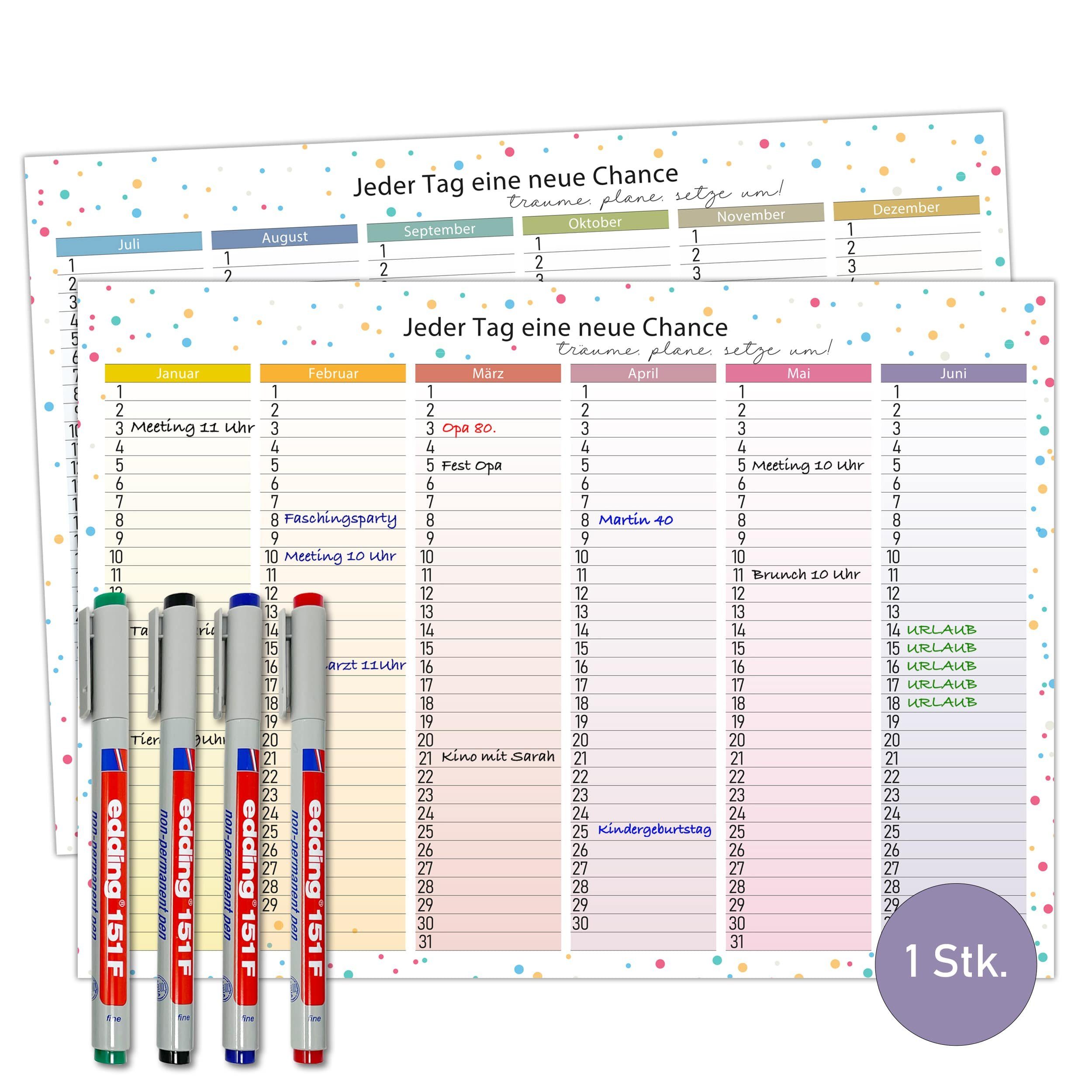 TOBJA Wandkalender Immerwährender Kalender A4 abwischbar +4 Stifte, Geburtstagskalender Dauerkalender
