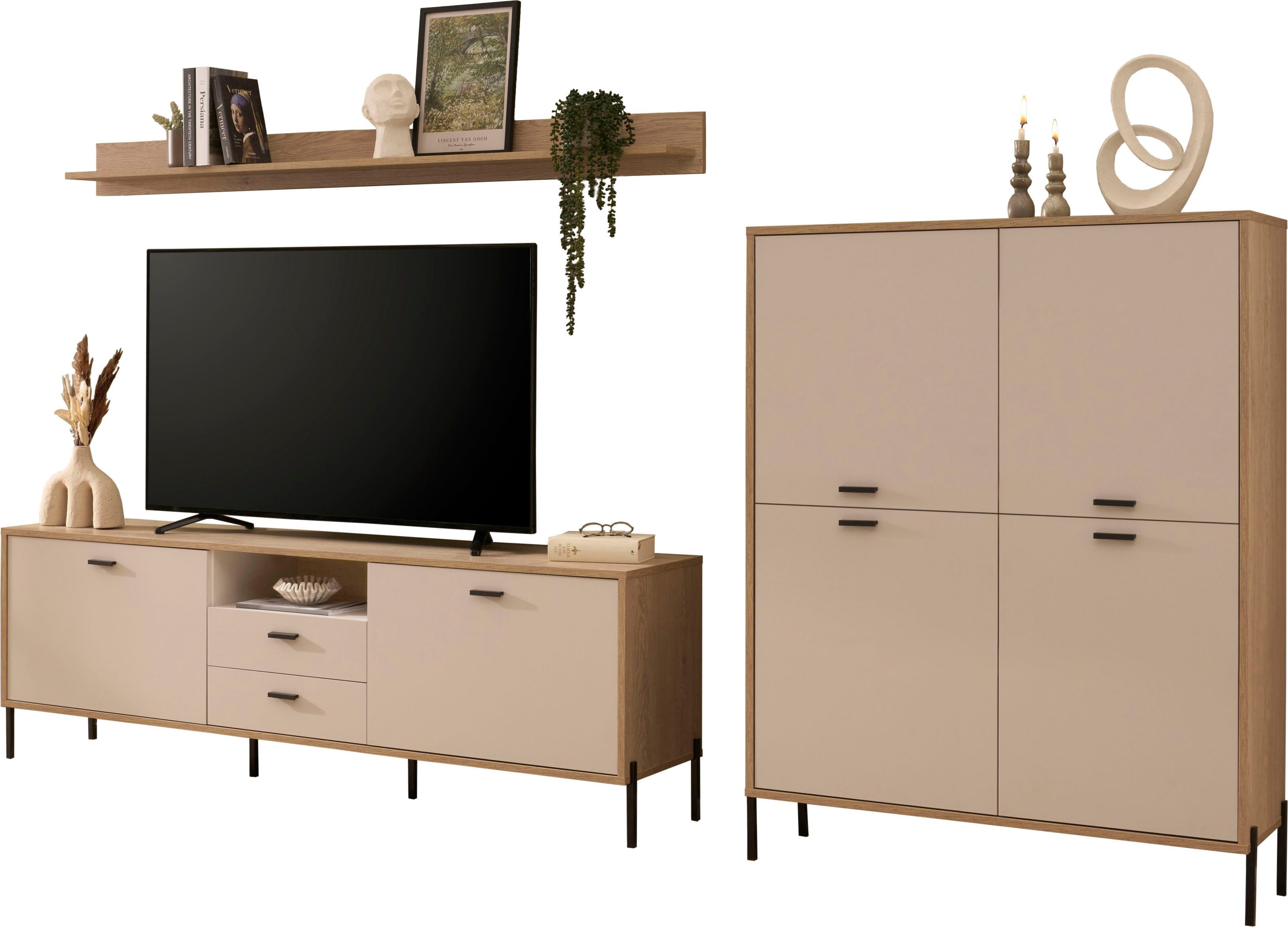 Home affaire Wohnwand Fredericia, moderne Anbauwand, Komplettset in Kaschmir, (Set, 3-St), enthält Lowboard, Highboard und Wandboard, 320 cm breit