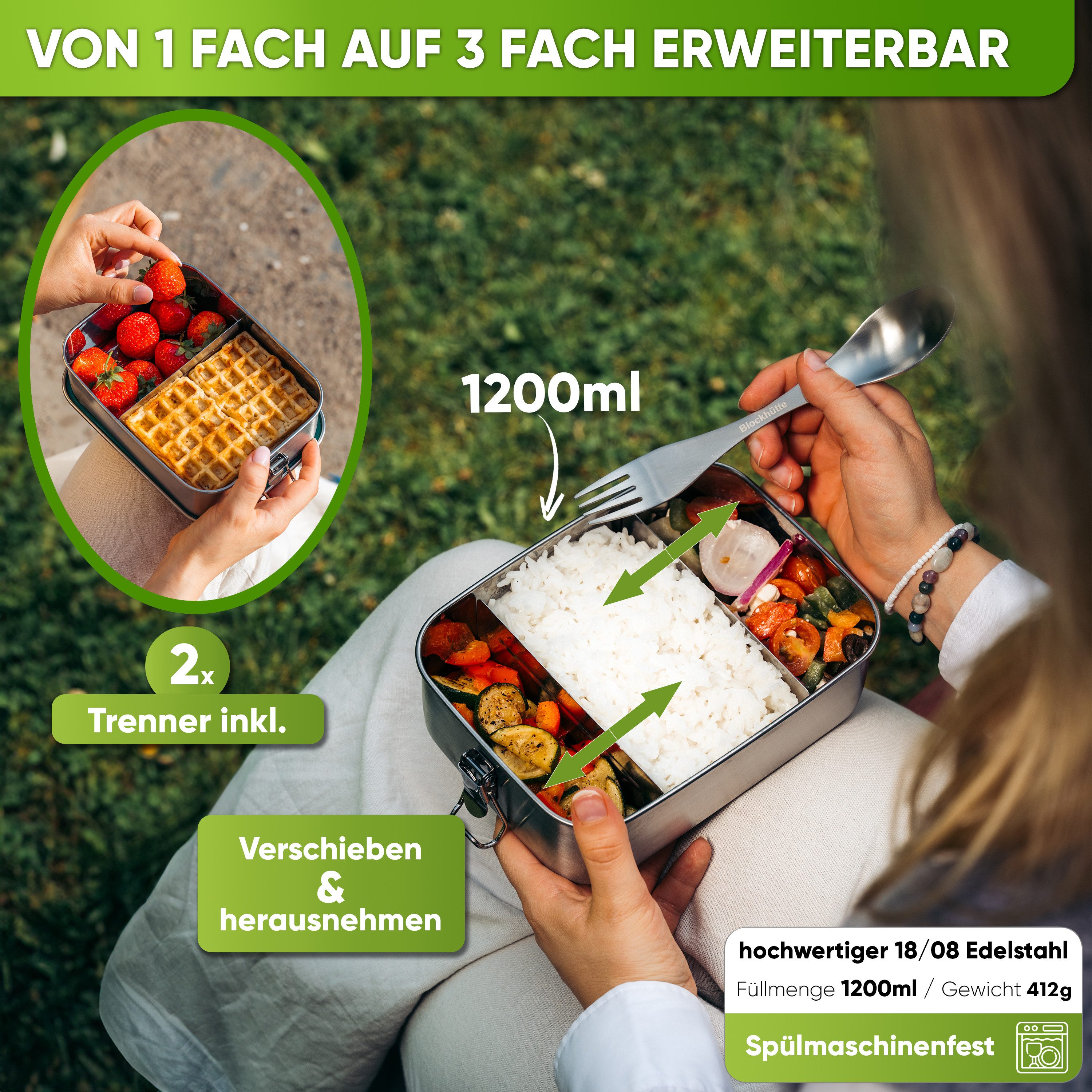 Blockhütte Lunchbox Premium Edelstahl Brotdose 1200ml, Auslaufsicher, Auslaufsicher, Leicht, Gefrierschrank sicher, Ofenfest