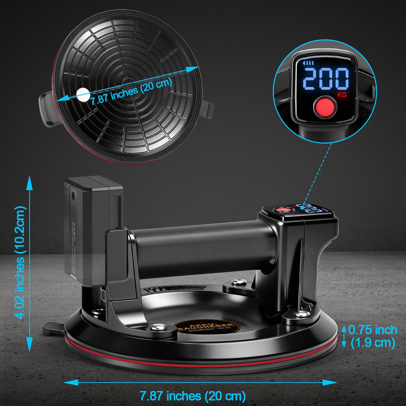 XERSEK Saugheber 2er-Set Elektro Vakuumheber mit 4x3,0Ah Akkus, Fliesenheber Glassauger, max. 200 kg Traglast, -], Automatische Nachsaugung, 20cm NBR-Kautschukauflage, Flexibel f. Glasplatten Fliesen Autoscheiben Granit MDF Sperrholz usw.