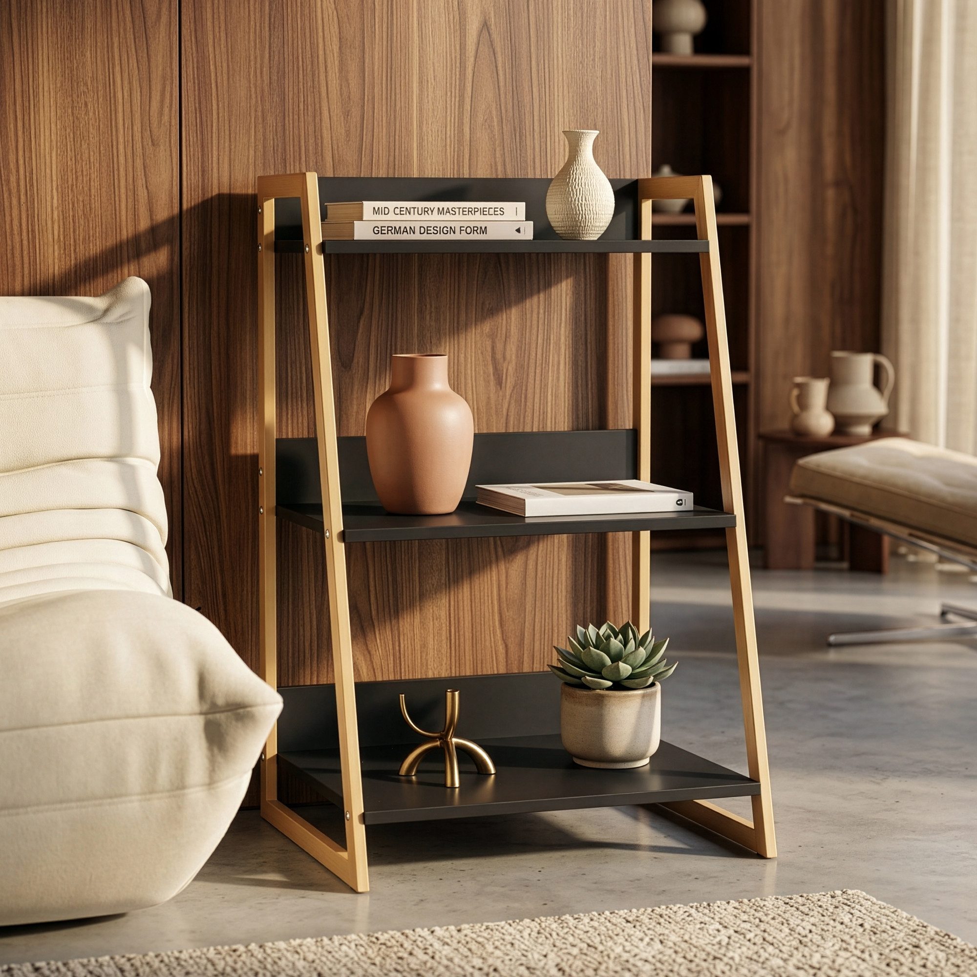 en.casa Leiterregal, »Kuomi« mit 3 Ebenen 84 x 53 x 47 cm Beige / Dunkelgrau