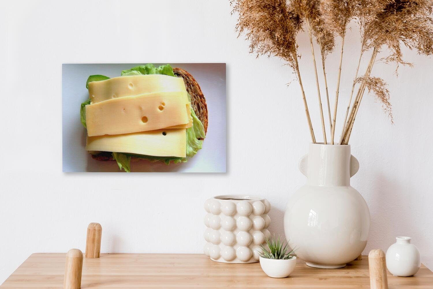 OneMillionCanvasses® Leinwandbild Gouda, Wandbild Wanddeko, St), 30x20 Käse Leinwandbilder, Brot - - (1 cm Aufhängefertig