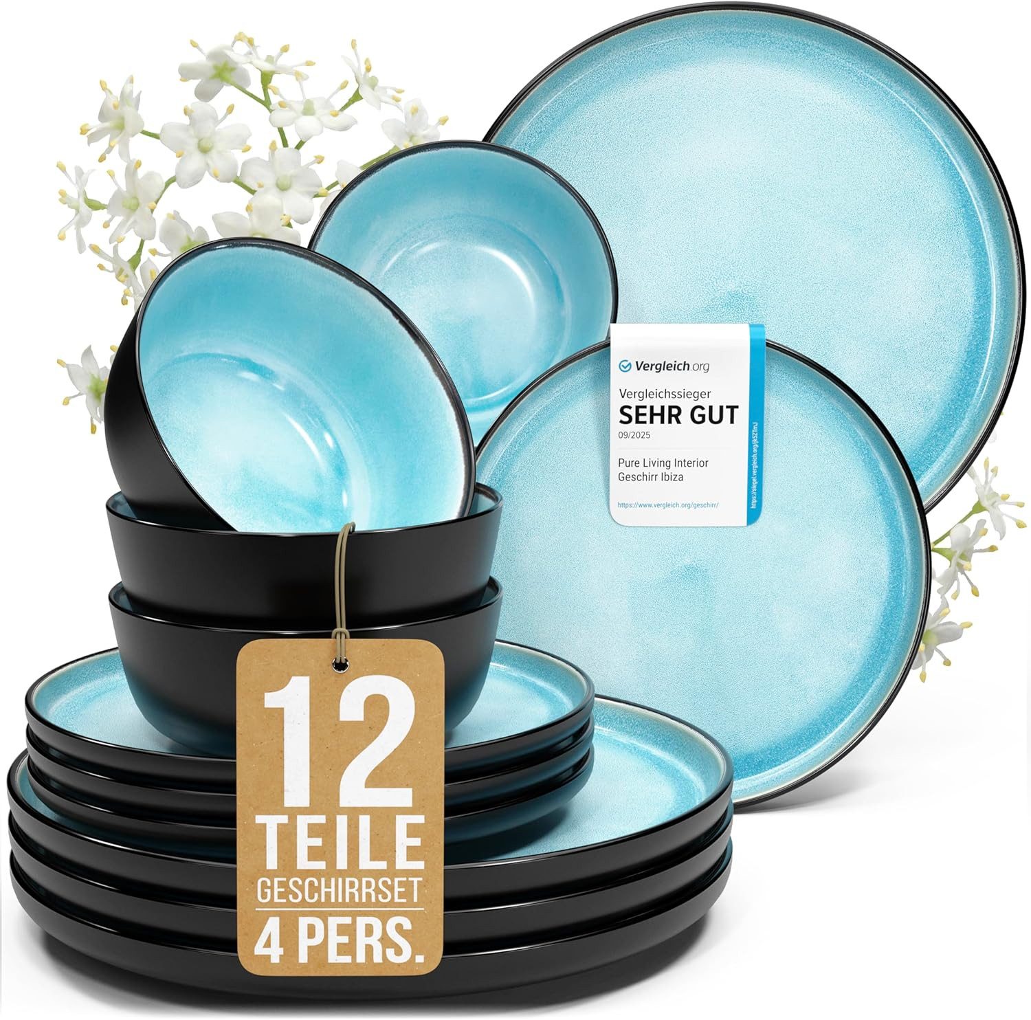 PURE LIVING INTERIOR DESIGN Geschirr-Set Ibiza aus Steingut, 24-tlg., für 6 Personen, Aquamarin (24-tlg), 6 Personen, Steingut, Essgeschirr, Essservice