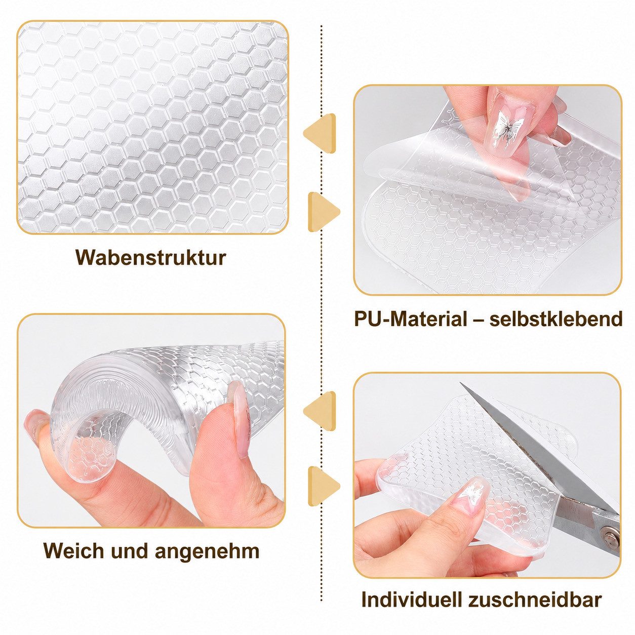 COOL-i ® Einlegesohlen 2 Paar Gel Fußgewölbe Pads, selbstklebende Fußgewölbeunterstützung, zuschneidbar, wiederverwendbar, transparent – Bild 4 von 5