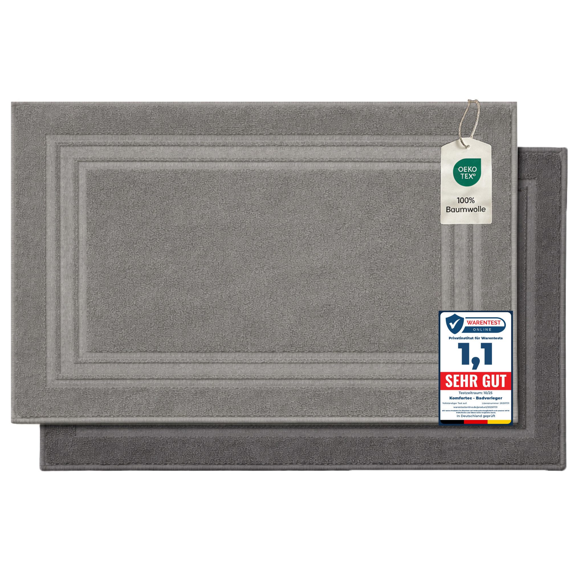 Komfortec Badematte Badvorleger aus 100% Baumwolle, Waschbar Duschmatte, Frottee, Rechteckig, 600 g/m², 2er Set, Saugfähig & Schnelltrocknend