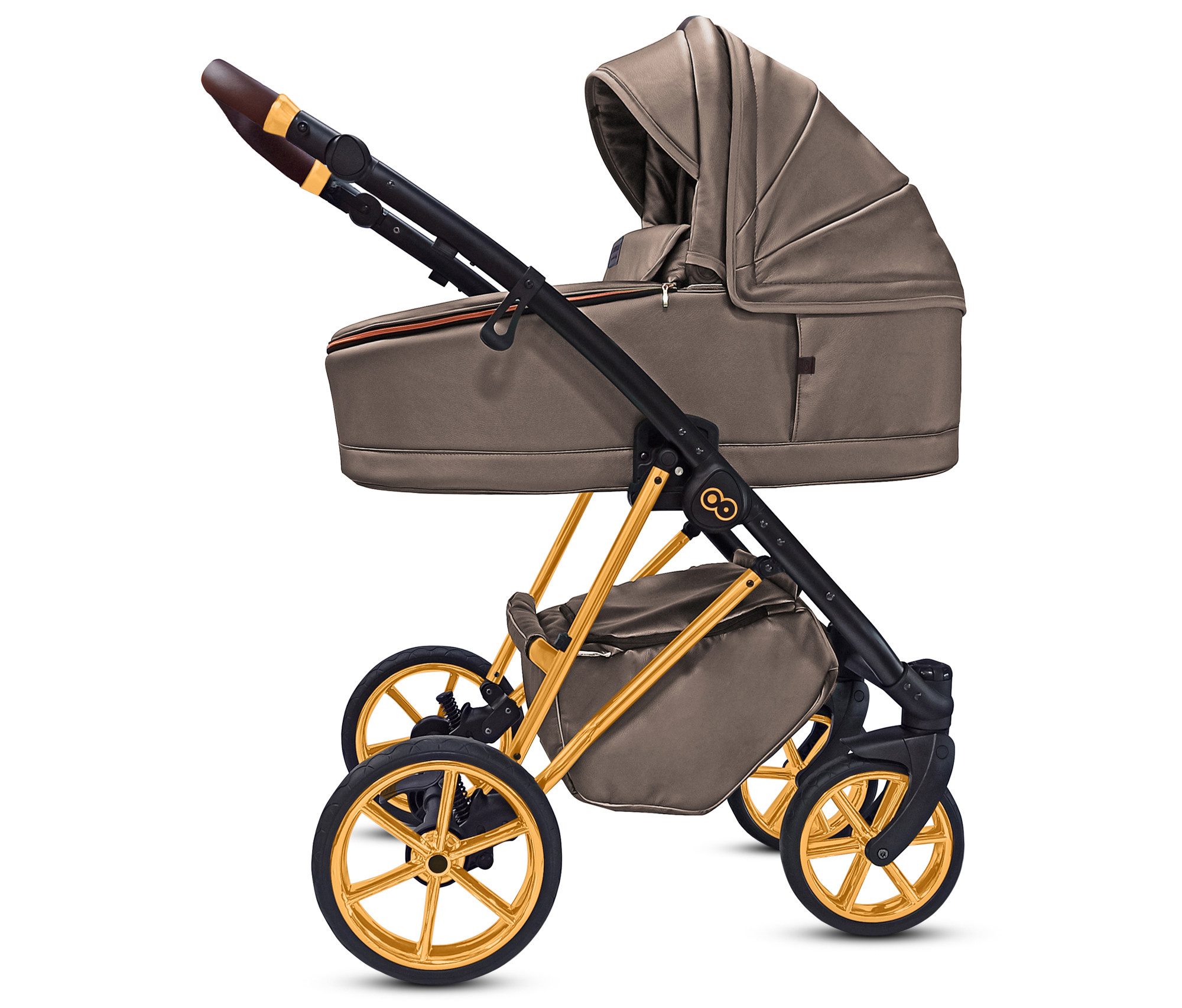 TPFFamily Kombi-Kinderwagen 2in1 Musse Royal, Baby Buggy Babywanne 5-Punkt-Sicherheitsgurt, Zubehör-Set Kinderwagen 2 in 1 Kunstleder Grau, Gestell Gold