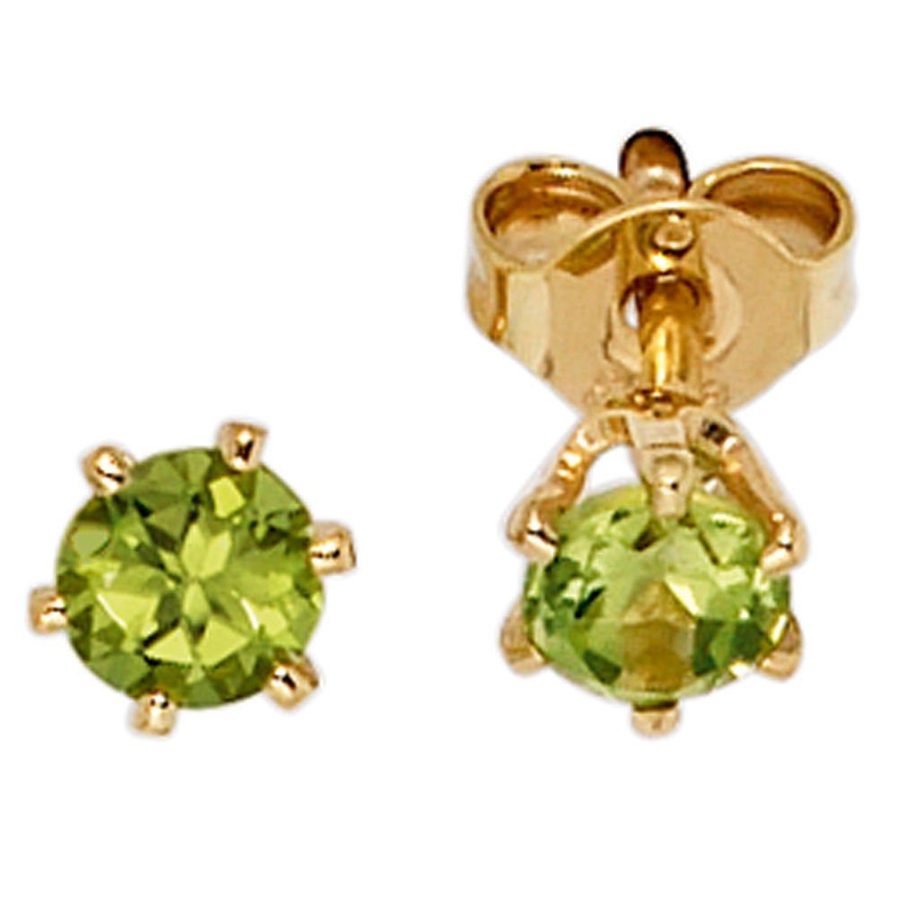 Schmuck Krone Paar Ohrstecker Paar Ohrstecker Stecker mit Peridot grün 4,6mm & 585 Gold Gelbgold, Gold 585