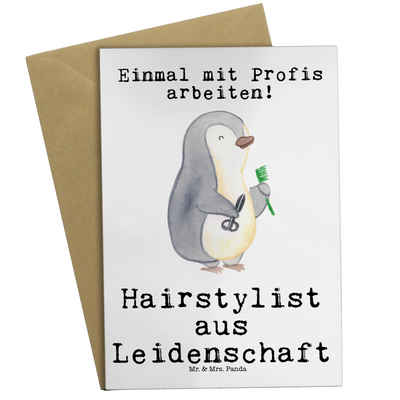 Mr. & Mrs. Panda Grußkarte Hairstylist Leidenschaft - Weiß - Geschenk, Eröffnung Friseur, Frisör, Hochglänzende Veredelung