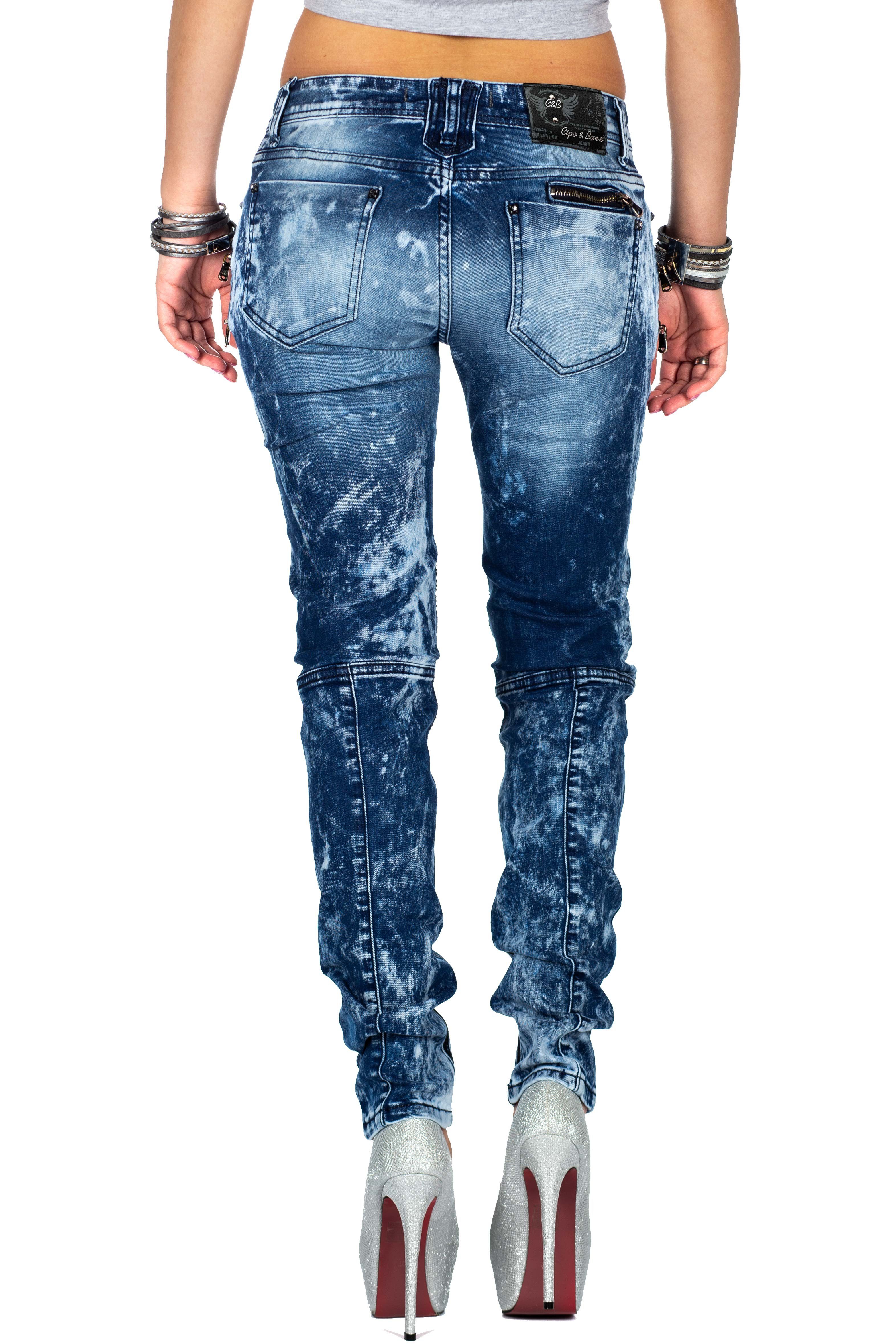 Cipo & Baxx Bikerjeans Damen slim fit Hose Stonewashed BA-WD361 Besondere Strassknöpfe