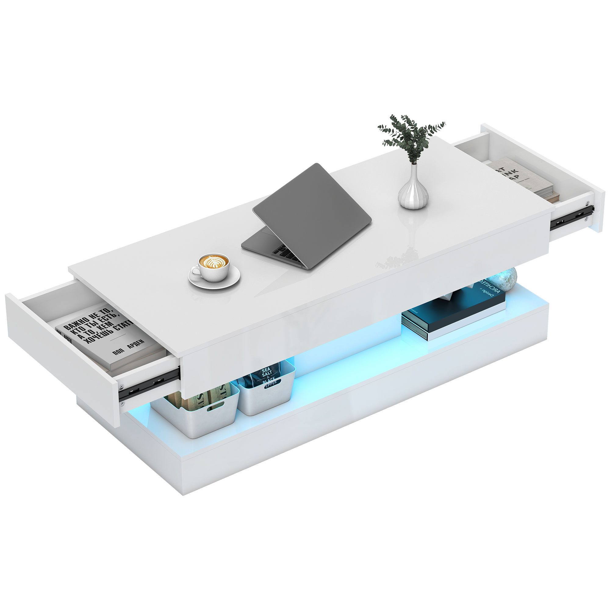 HOMCOM Couchtisch mit 12-Farbiger LED Beleuchtung, 2 Schublade, offenem Regal (Wohnzimmertisch, 1-St., Modern Beistelltisch), Kaffeetisch für Wohnzimmer 120 x 50 x 42 cm, Weiß